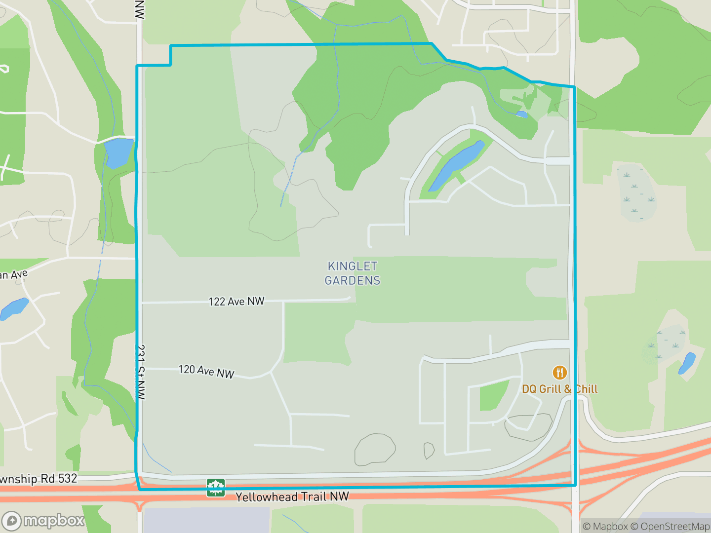 Map of Kinglet Gardens, Edmonton — neighbourhood boundary, parks and surrounding streets.
