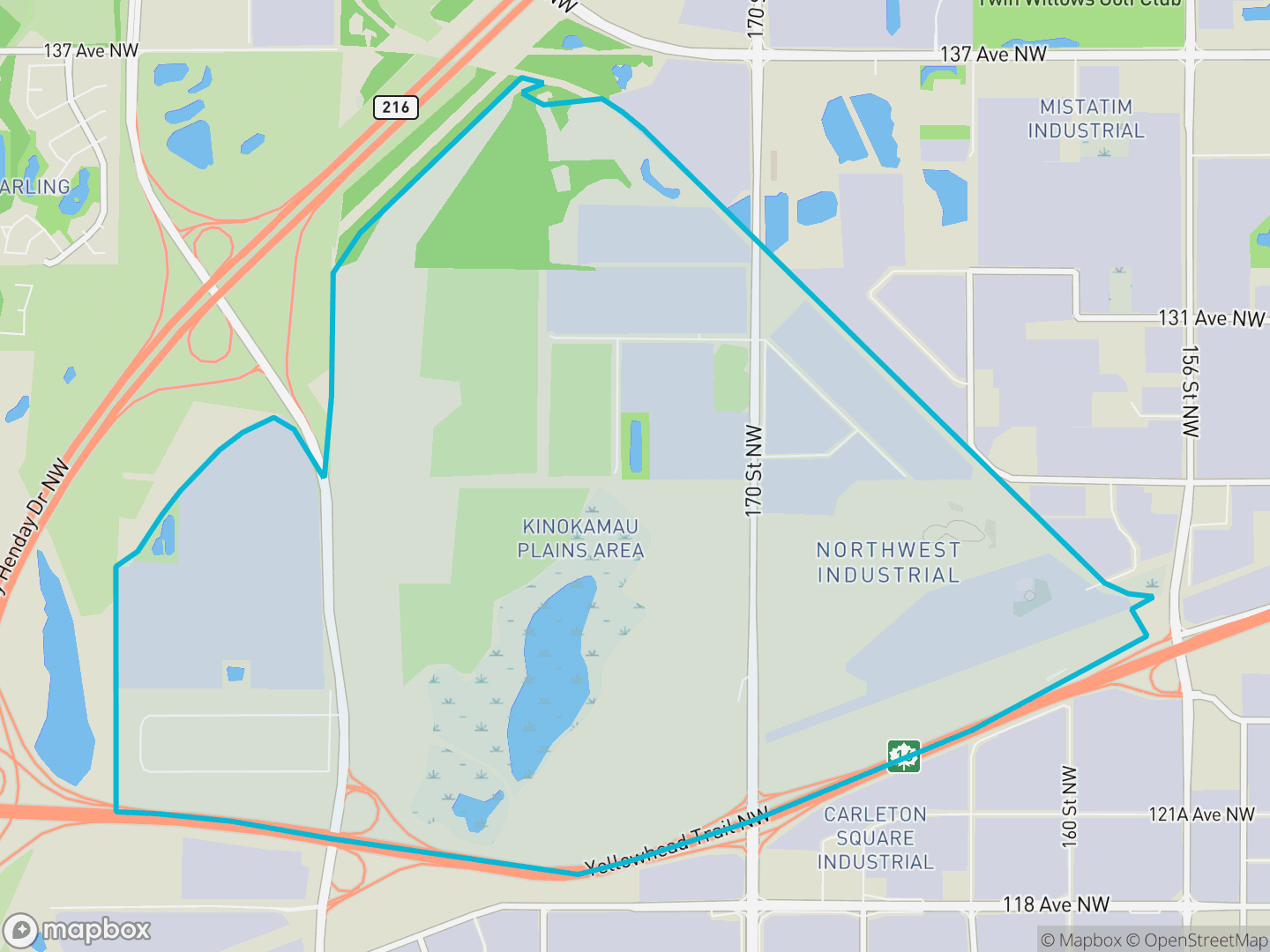 Map of Kinokamau Plains Area, Edmonton — neighbourhood boundary, parks and surrounding streets.
