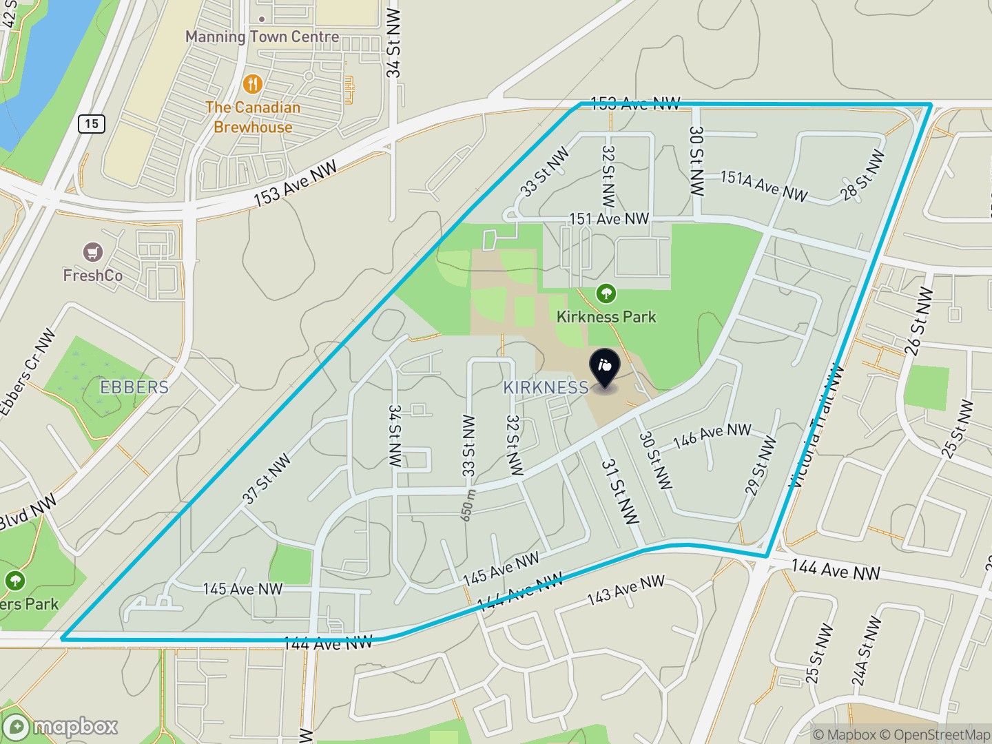 Map of Kirkness, Edmonton — neighbourhood boundary, 1 school, parks and surrounding streets.