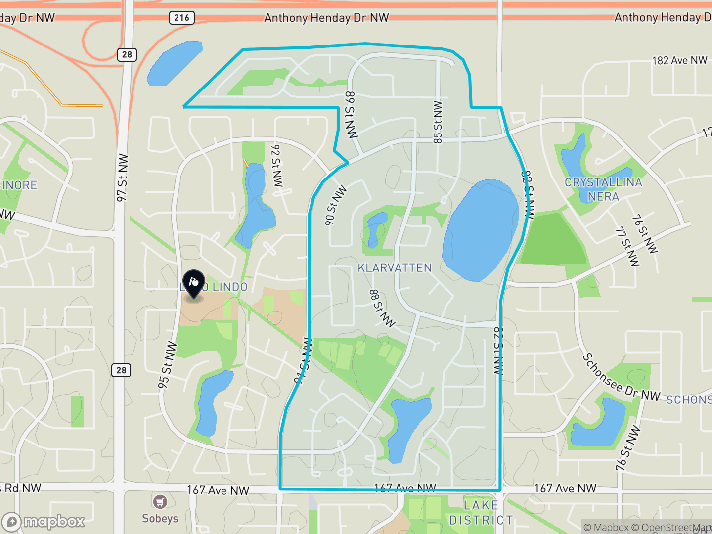 Map of Klarvatten, Edmonton — neighbourhood boundary, 1 school, parks and surrounding streets.