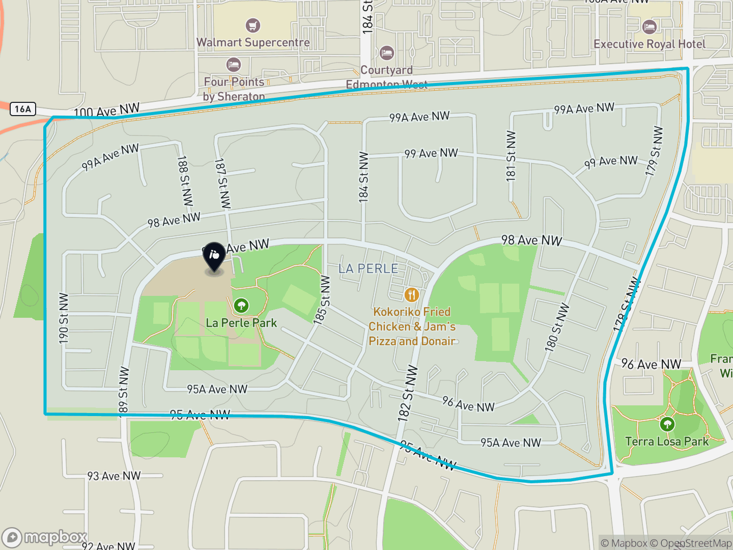 Map of La Perle, Edmonton — neighbourhood boundary, 1 school, parks and surrounding streets.