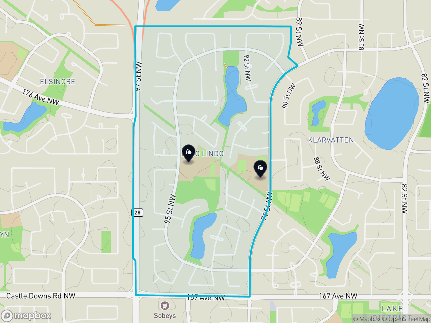 Map of Lago Lindo, Edmonton — neighbourhood boundary, 2 schools, parks and surrounding streets.