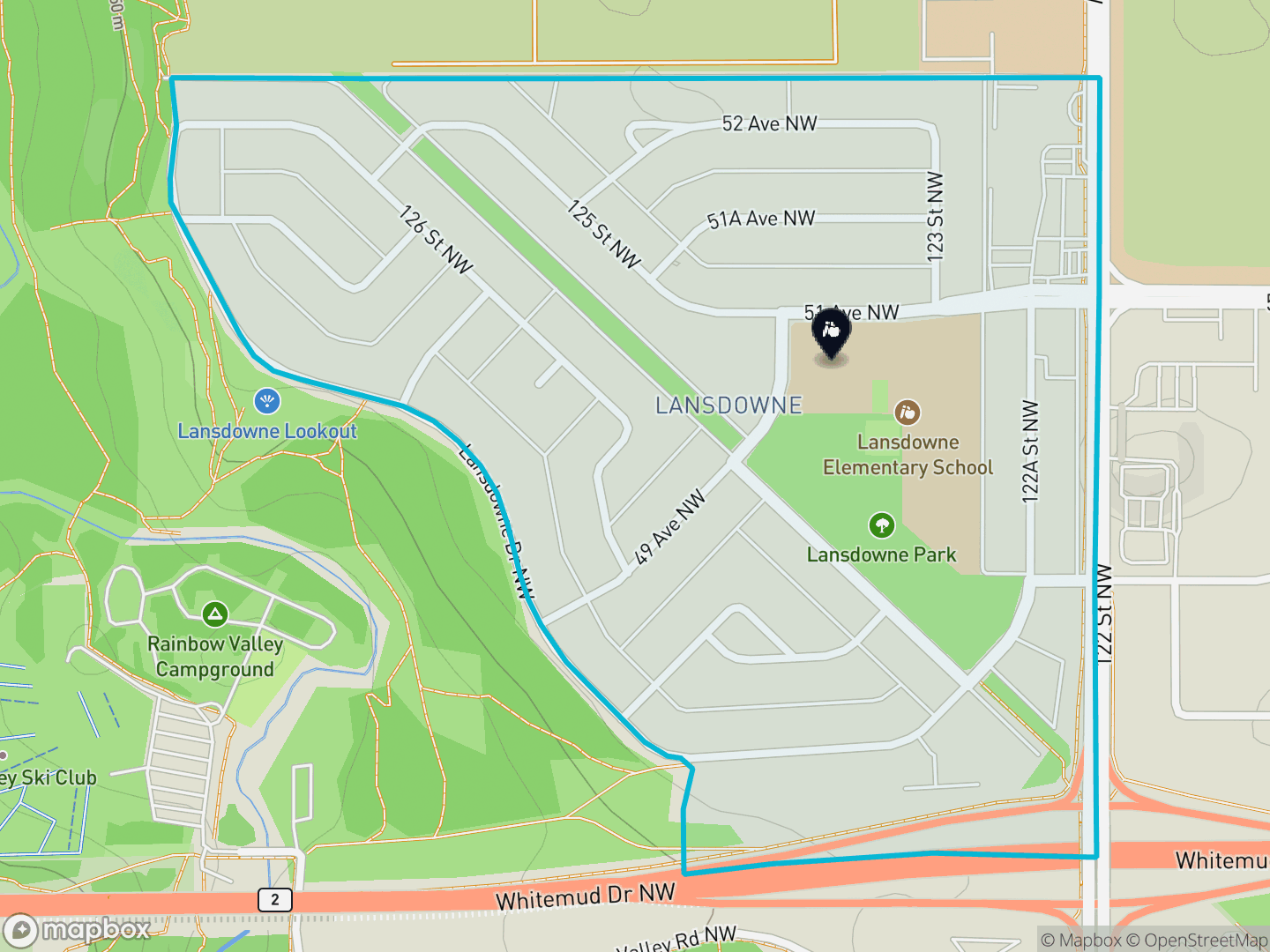 Map of Lansdowne, Edmonton — neighbourhood boundary, 1 school, parks and surrounding streets.