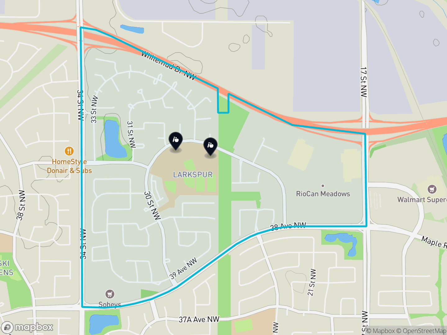Map of Larkspur, Edmonton — neighbourhood boundary, 2 schools, parks and surrounding streets.