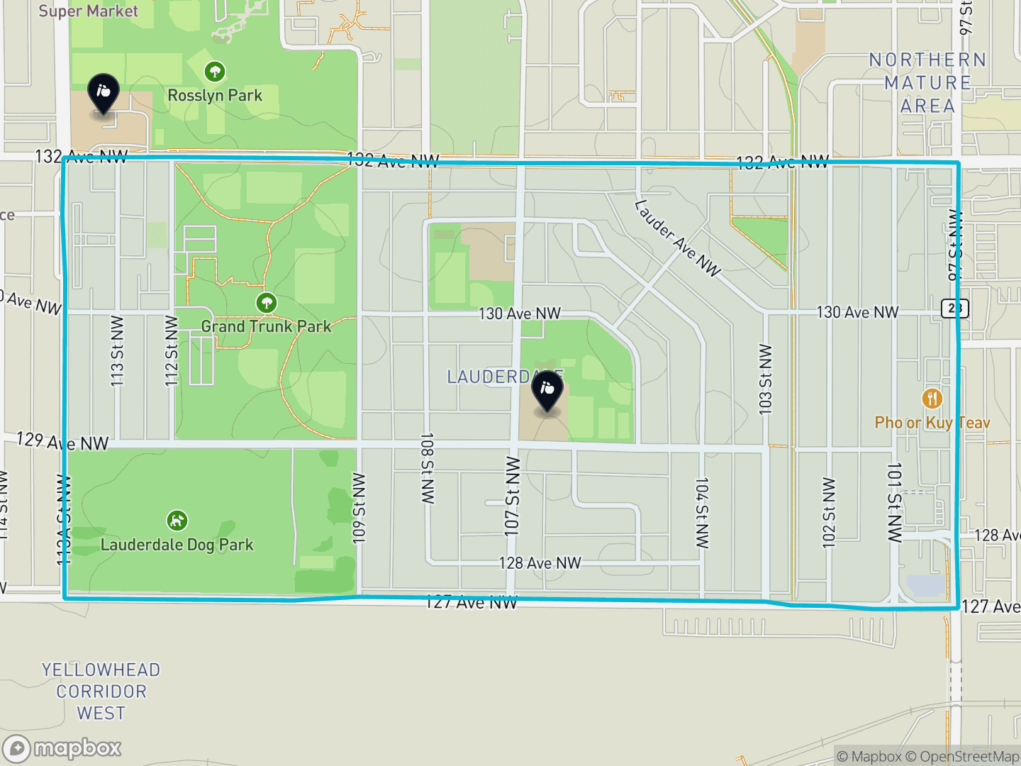 Map of Lauderdale, Edmonton — neighbourhood boundary, 2 schools, parks and surrounding streets.