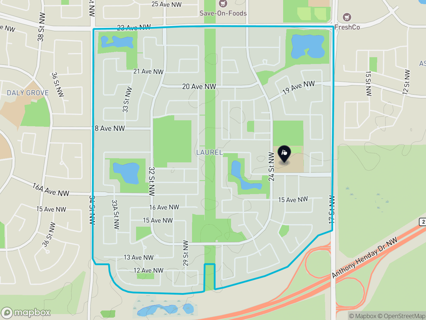 Map of Laurel, Edmonton — neighbourhood boundary, 1 school, parks and surrounding streets.