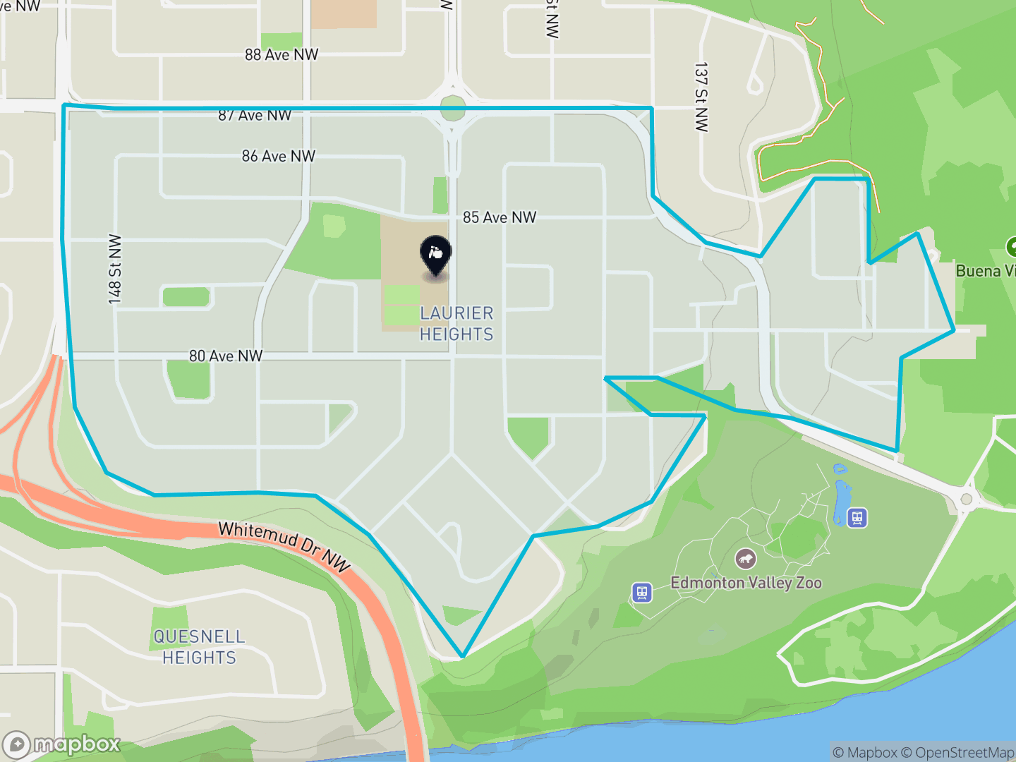 Map of Laurier Heights, Edmonton — neighbourhood boundary, 1 school, parks and surrounding streets.