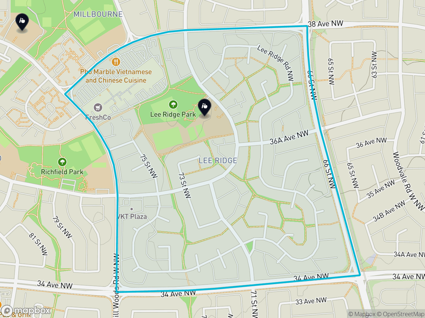 Map of Lee Ridge, Edmonton — neighbourhood boundary, 2 schools, parks and surrounding streets.