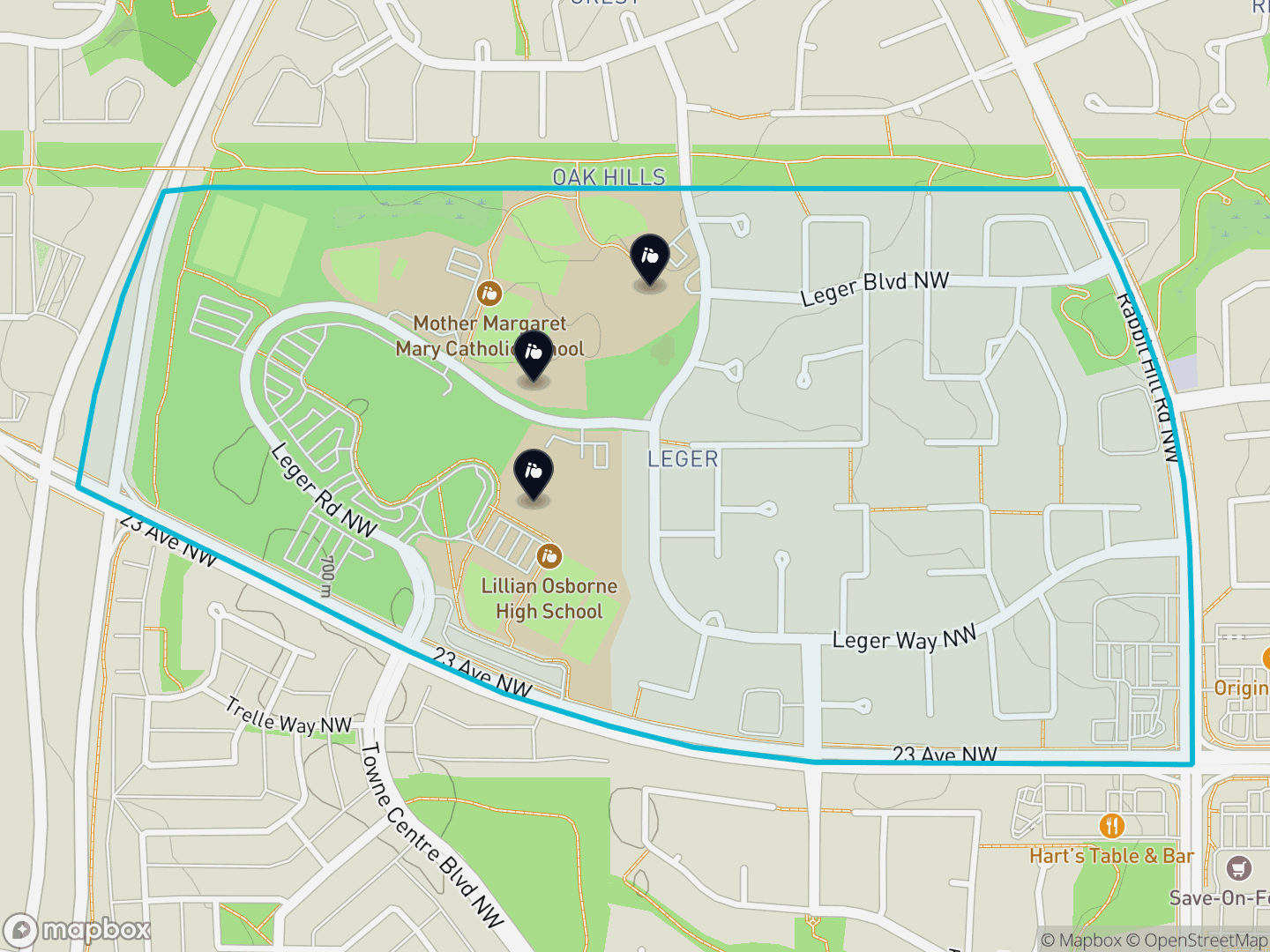 Map of Leger, Edmonton — neighbourhood boundary, 3 schools, parks and surrounding streets.