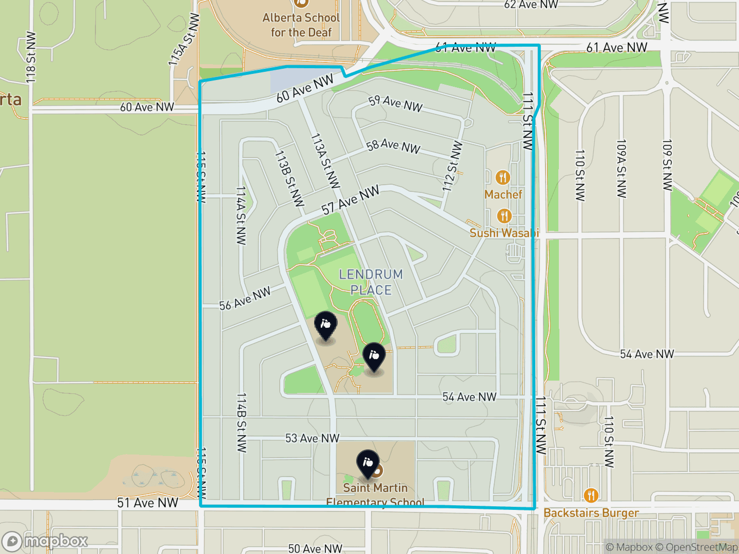 Map of Lendrum Place, Edmonton — neighbourhood boundary, 3 schools, parks and surrounding streets.