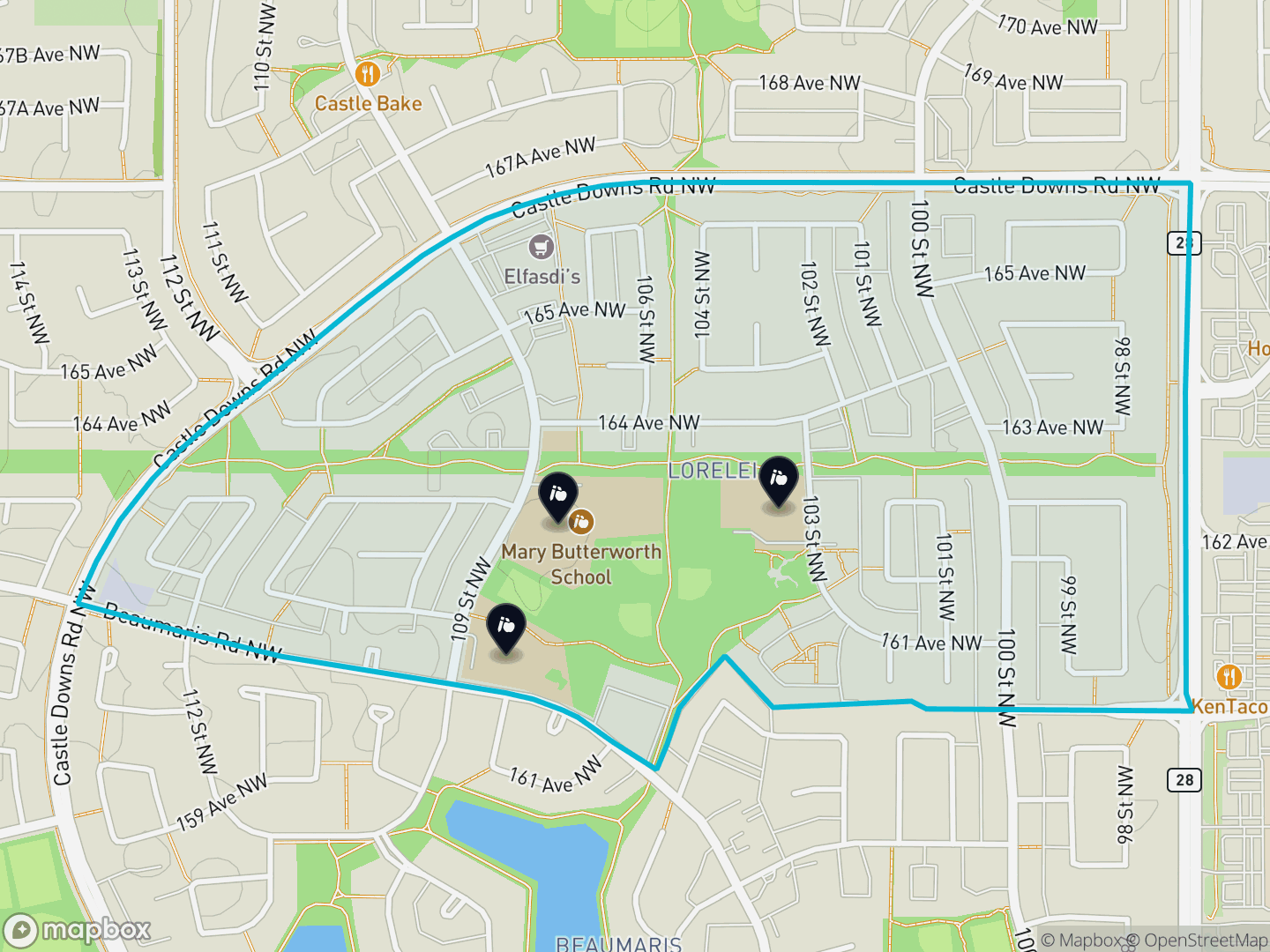 Map of Lorelei, Edmonton — neighbourhood boundary, 3 schools, parks and surrounding streets.