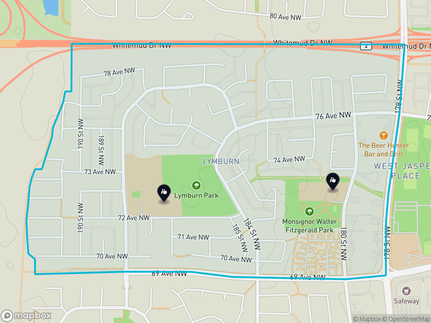 Map of Lymburn, Edmonton — neighbourhood boundary, 2 schools, parks and surrounding streets.