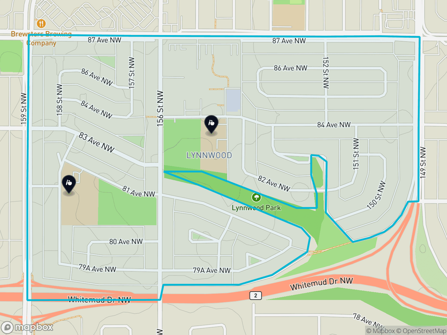 Map of Lynnwood, Edmonton — neighbourhood boundary, 2 schools, parks and surrounding streets.