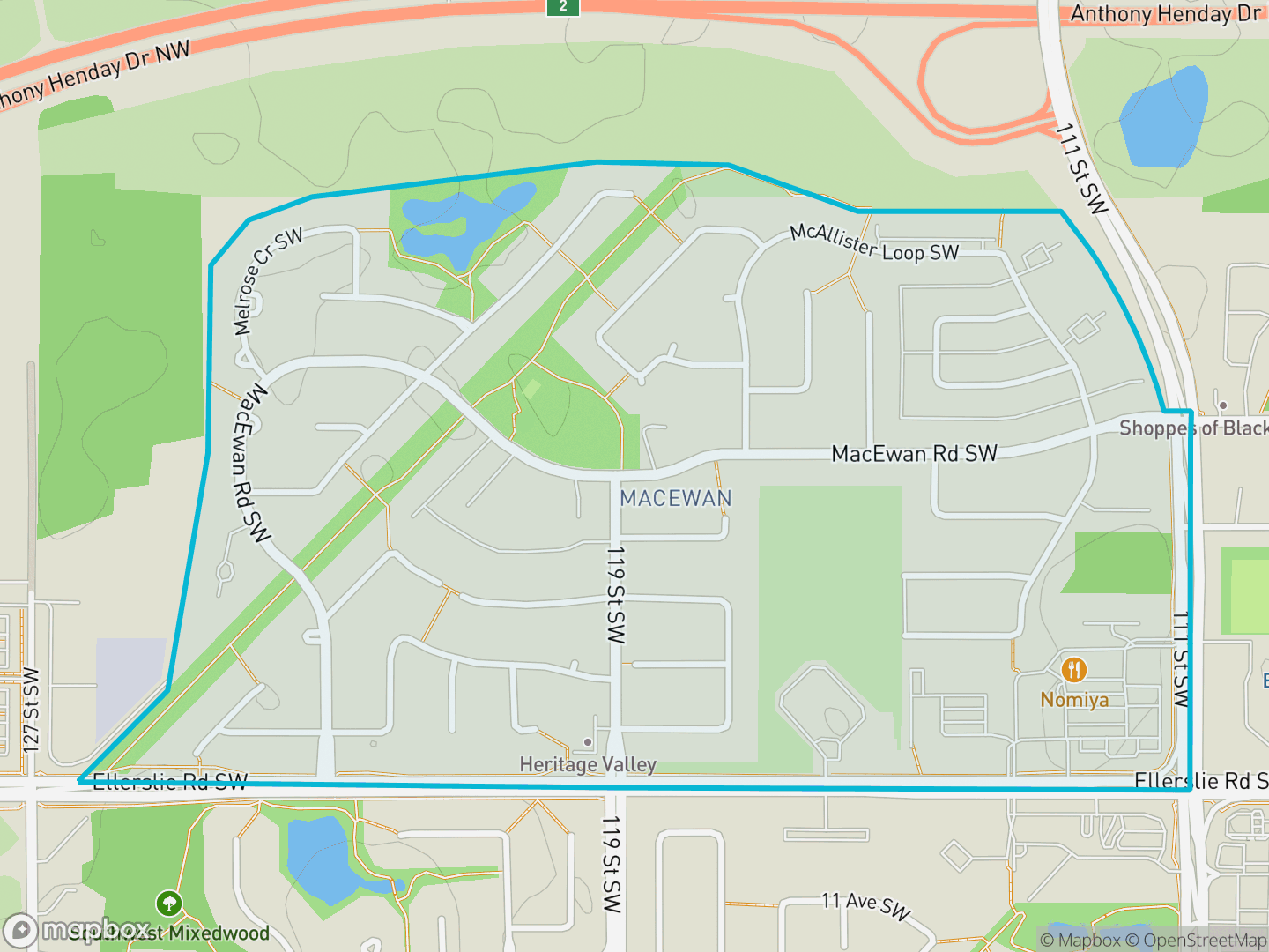 Map of MacEwan, Edmonton — neighbourhood boundary, parks and surrounding streets.