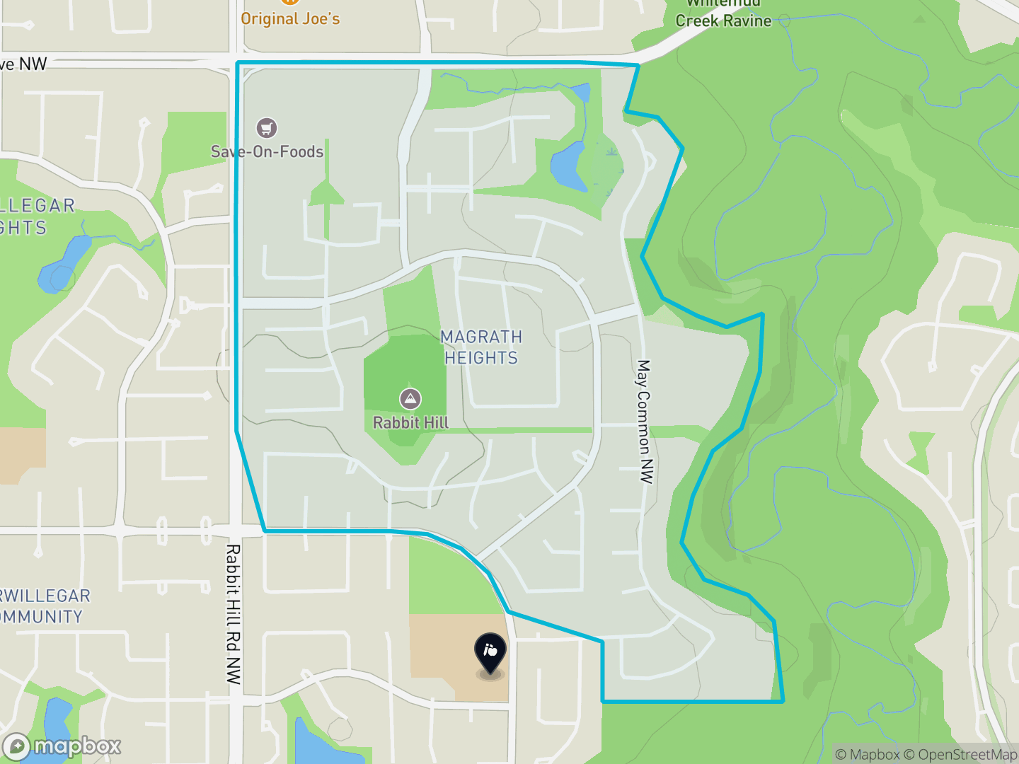 Map of Magrath Heights, Edmonton — neighbourhood boundary, 1 school, parks and surrounding streets.