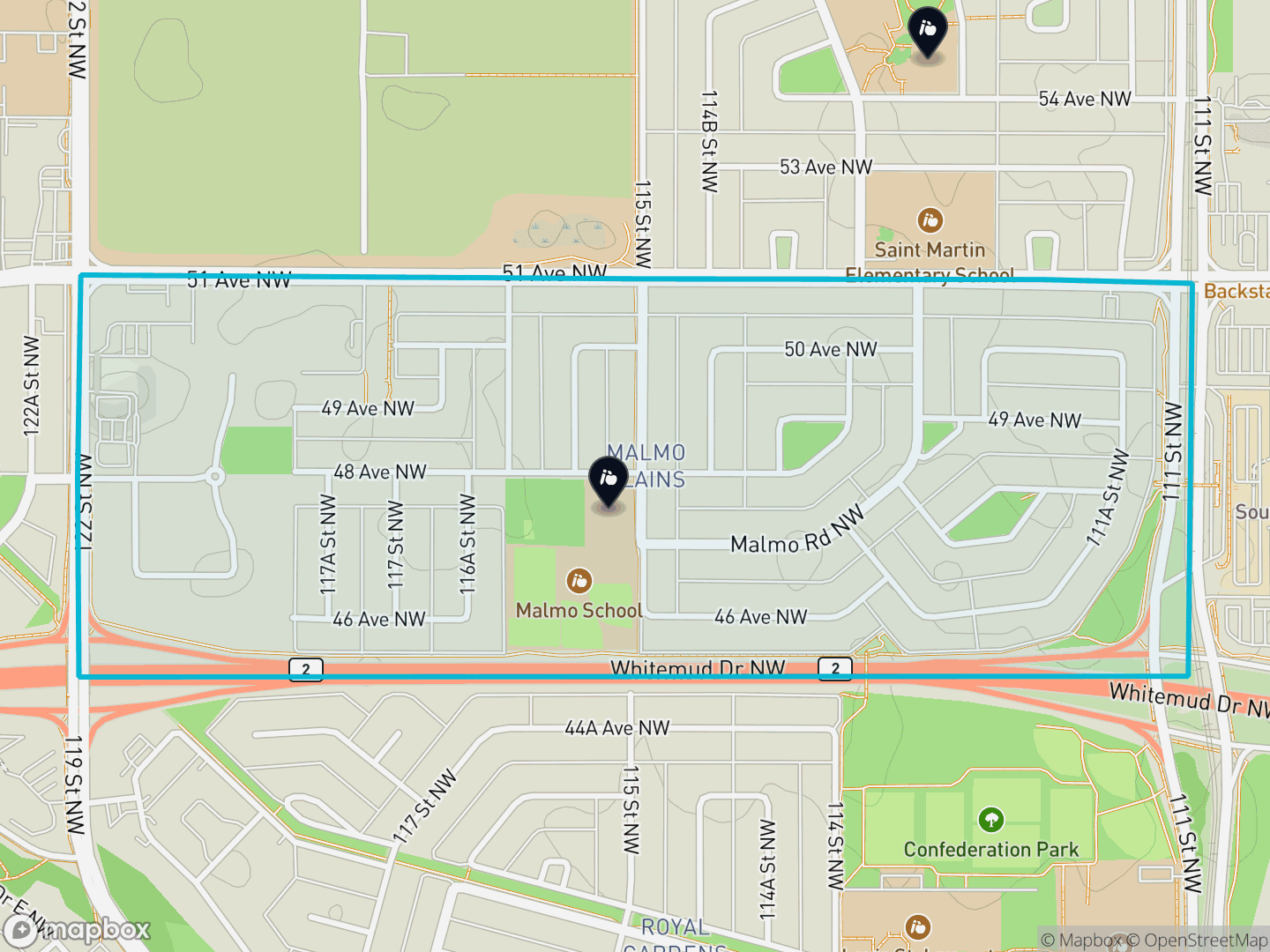 Map of Malmo Plains, Edmonton — neighbourhood boundary, 2 schools, parks and surrounding streets.