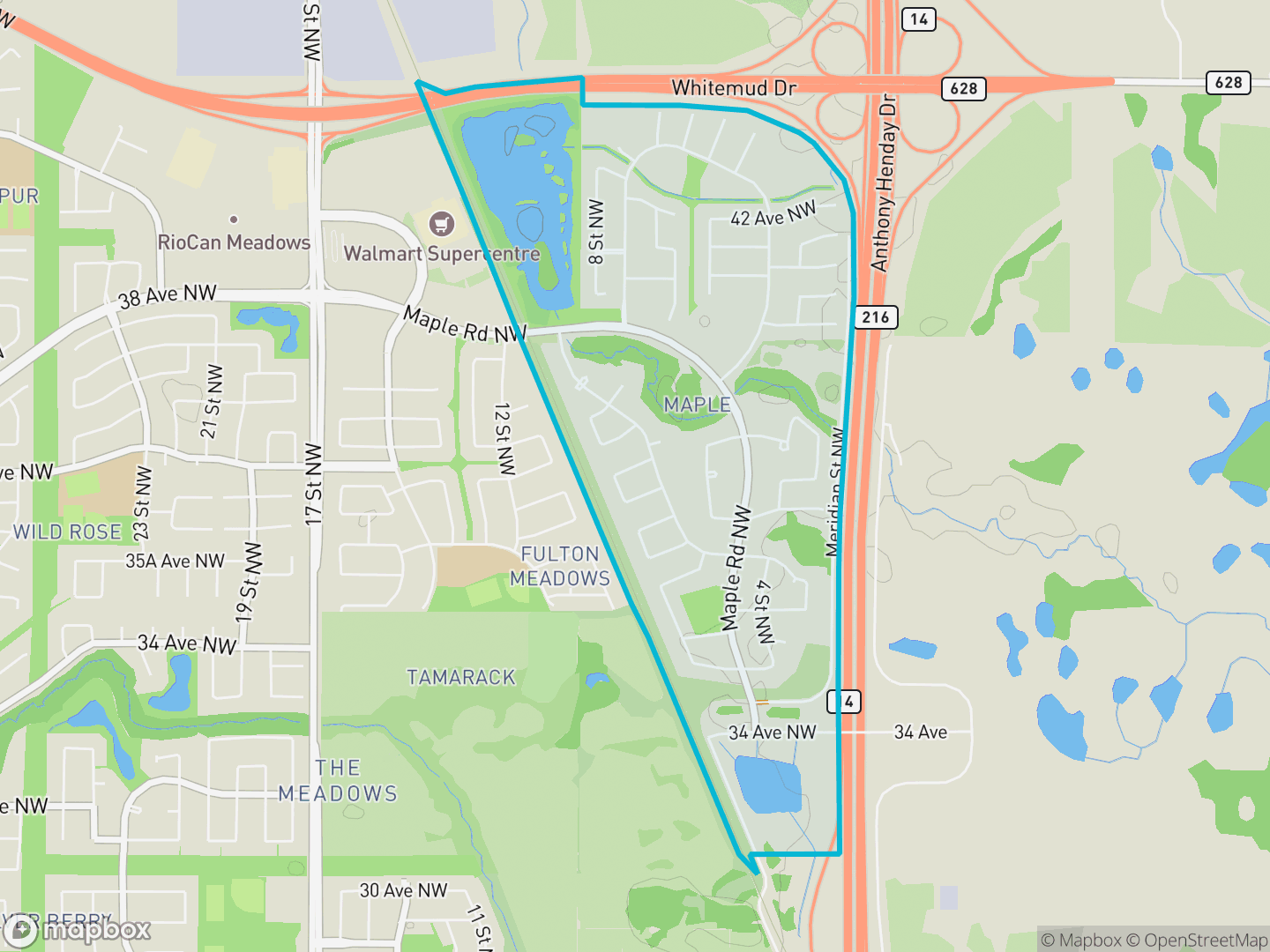 Map of Maple, Edmonton — neighbourhood boundary, parks and surrounding streets.