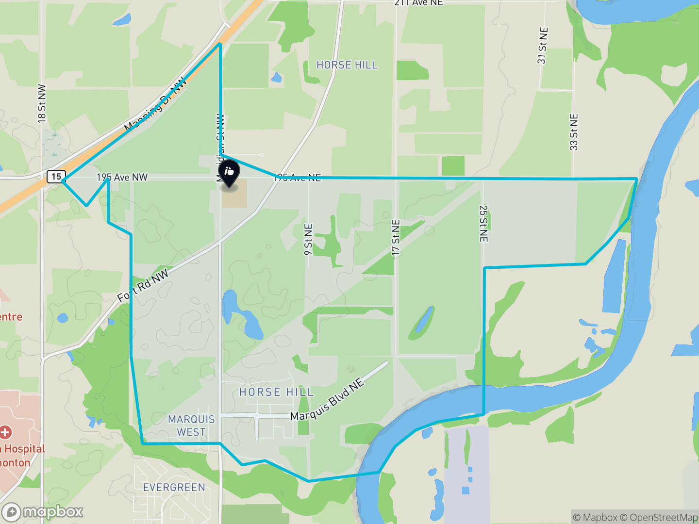 Map of Marquis, Edmonton — neighbourhood boundary, 1 school, parks and surrounding streets.
