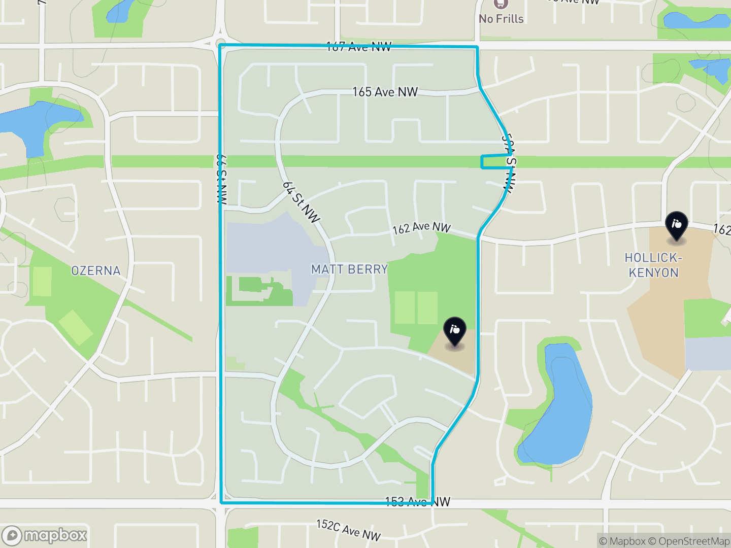 Map of Matt Berry, Edmonton — neighbourhood boundary, 2 schools, parks and surrounding streets.
