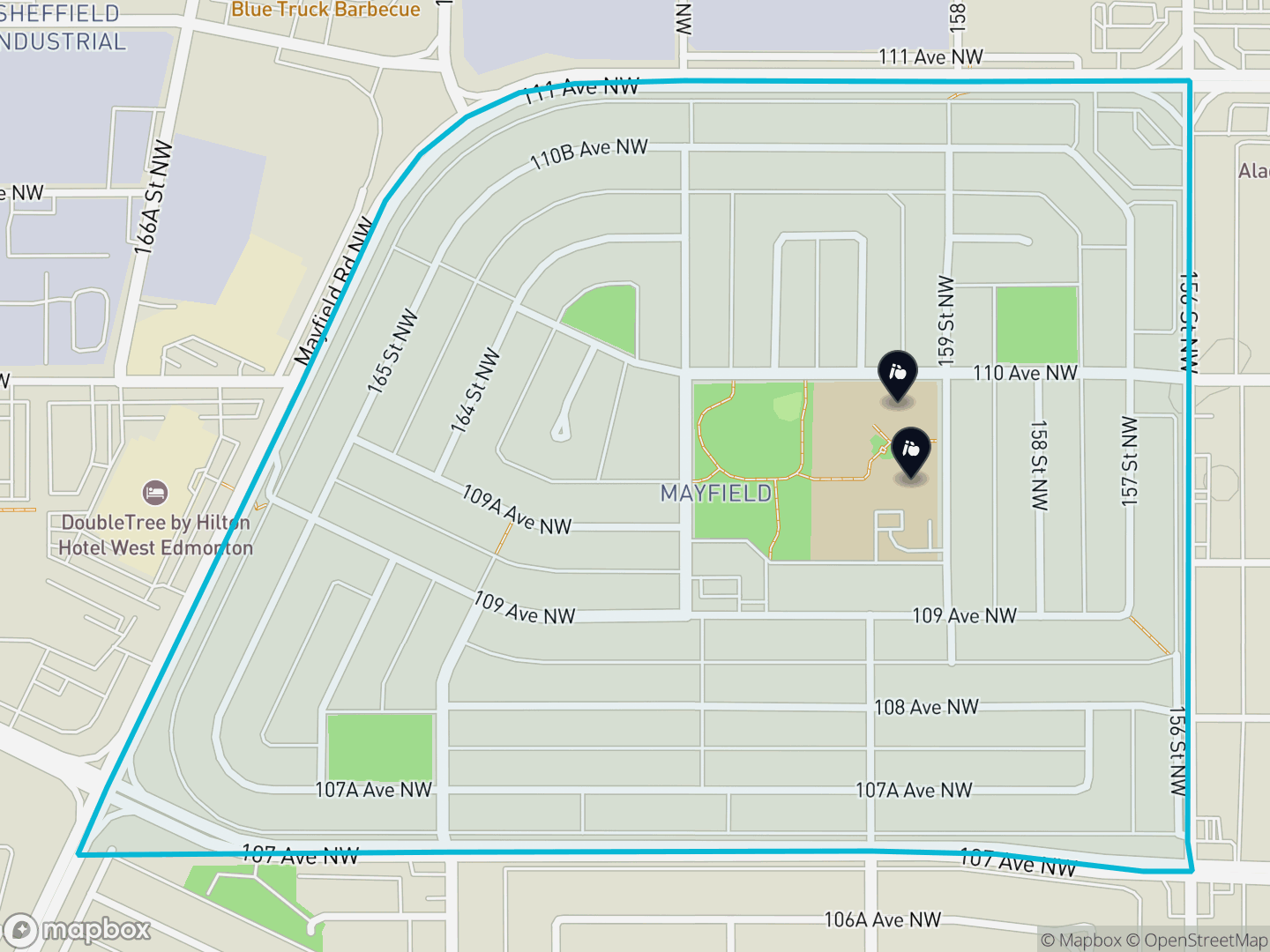 Map of Mayfield, Edmonton — neighbourhood boundary, 2 schools, parks and surrounding streets.