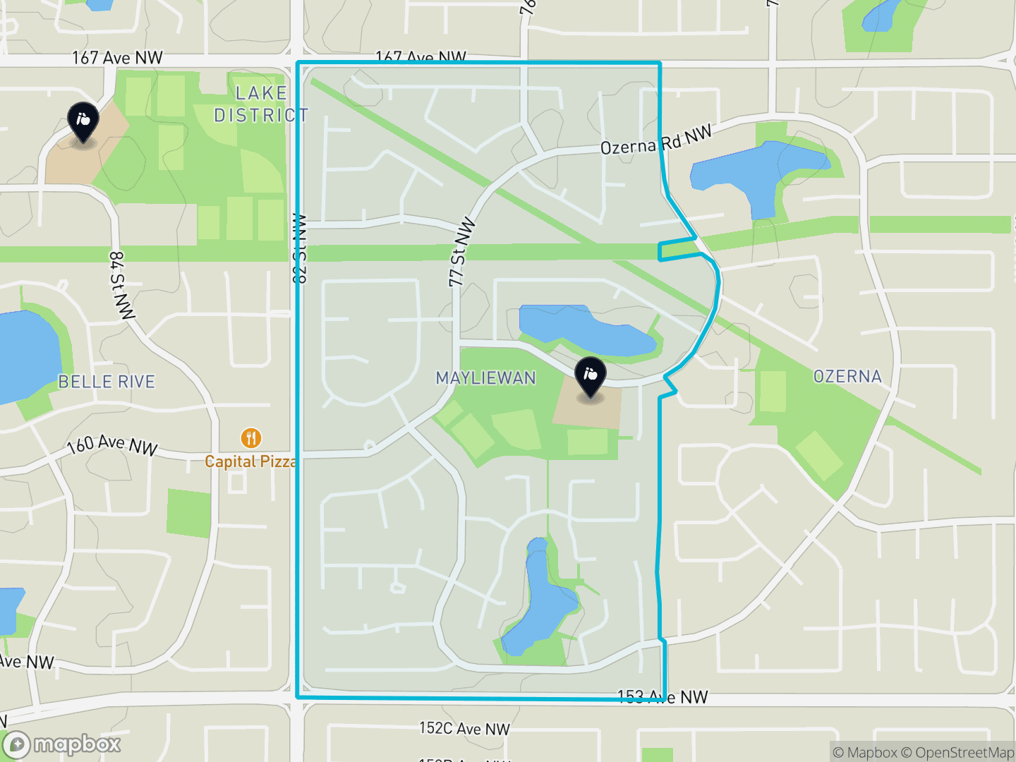 Map of Mayliewan, Edmonton — neighbourhood boundary, 2 schools, parks and surrounding streets.