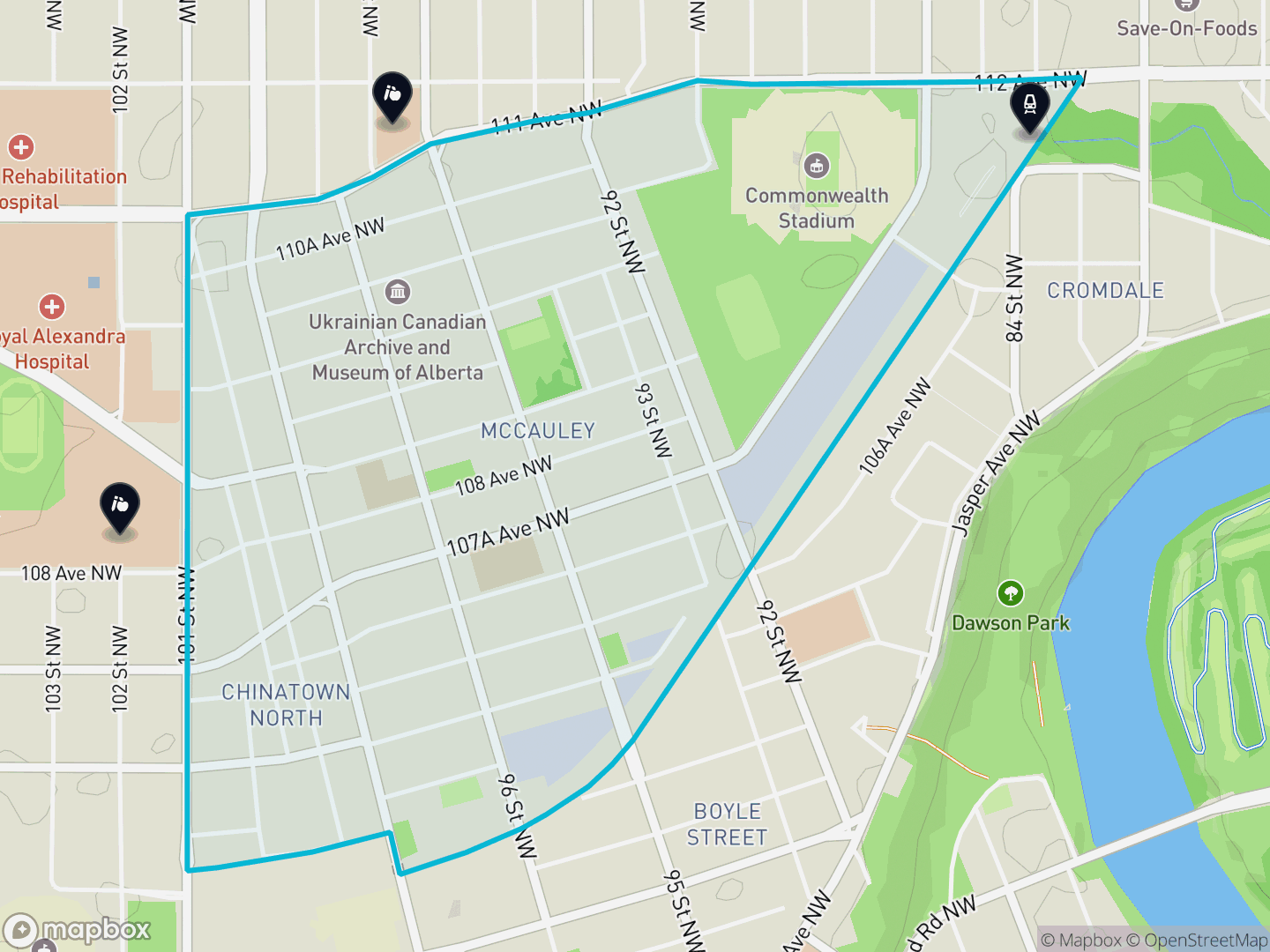 Map of McCauley, Edmonton — neighbourhood boundary with 1 LRT station, 2 schools, parks and surrounding streets.