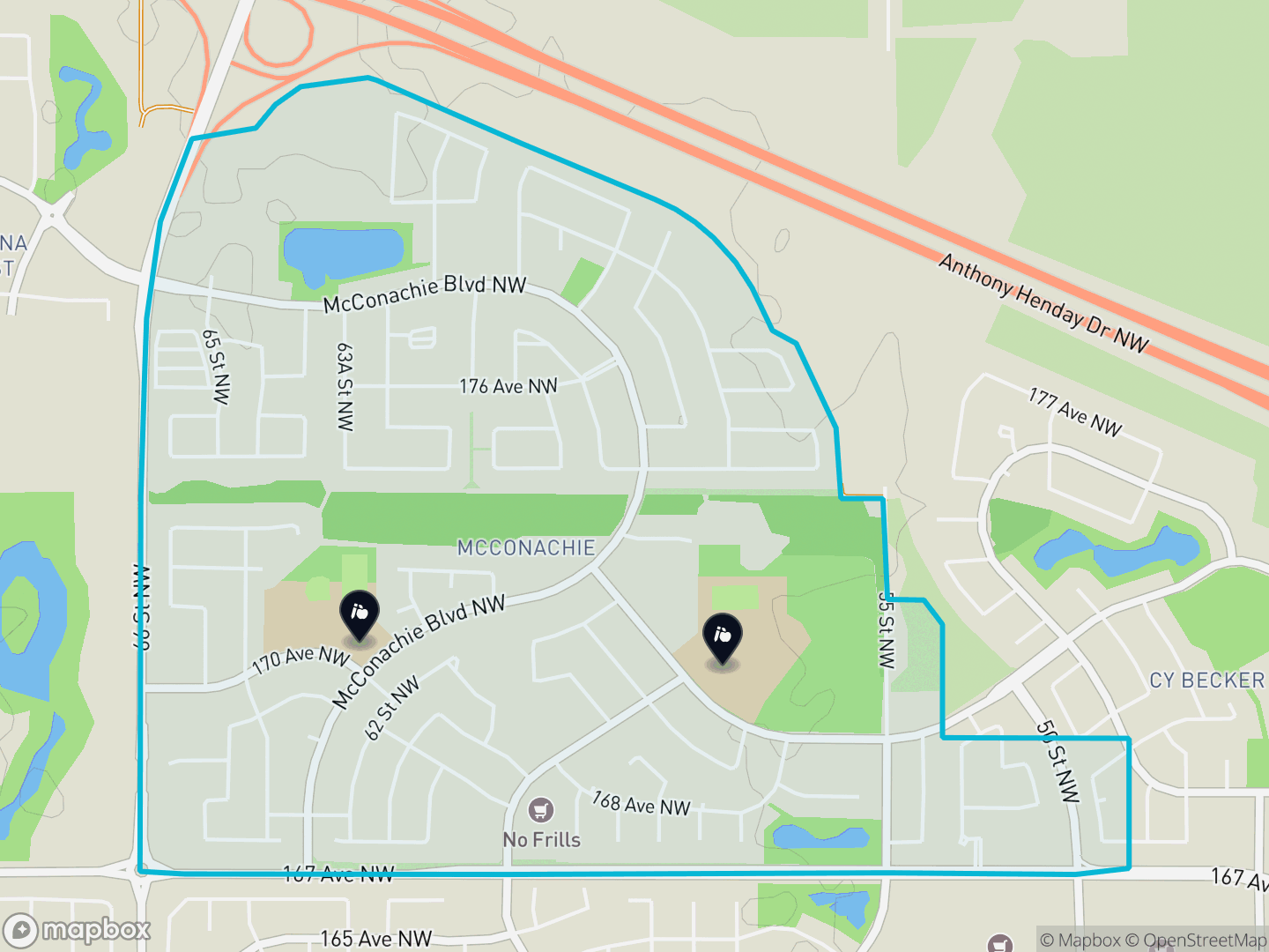 Map of McConachie, Edmonton — neighbourhood boundary, 2 schools, parks and surrounding streets.