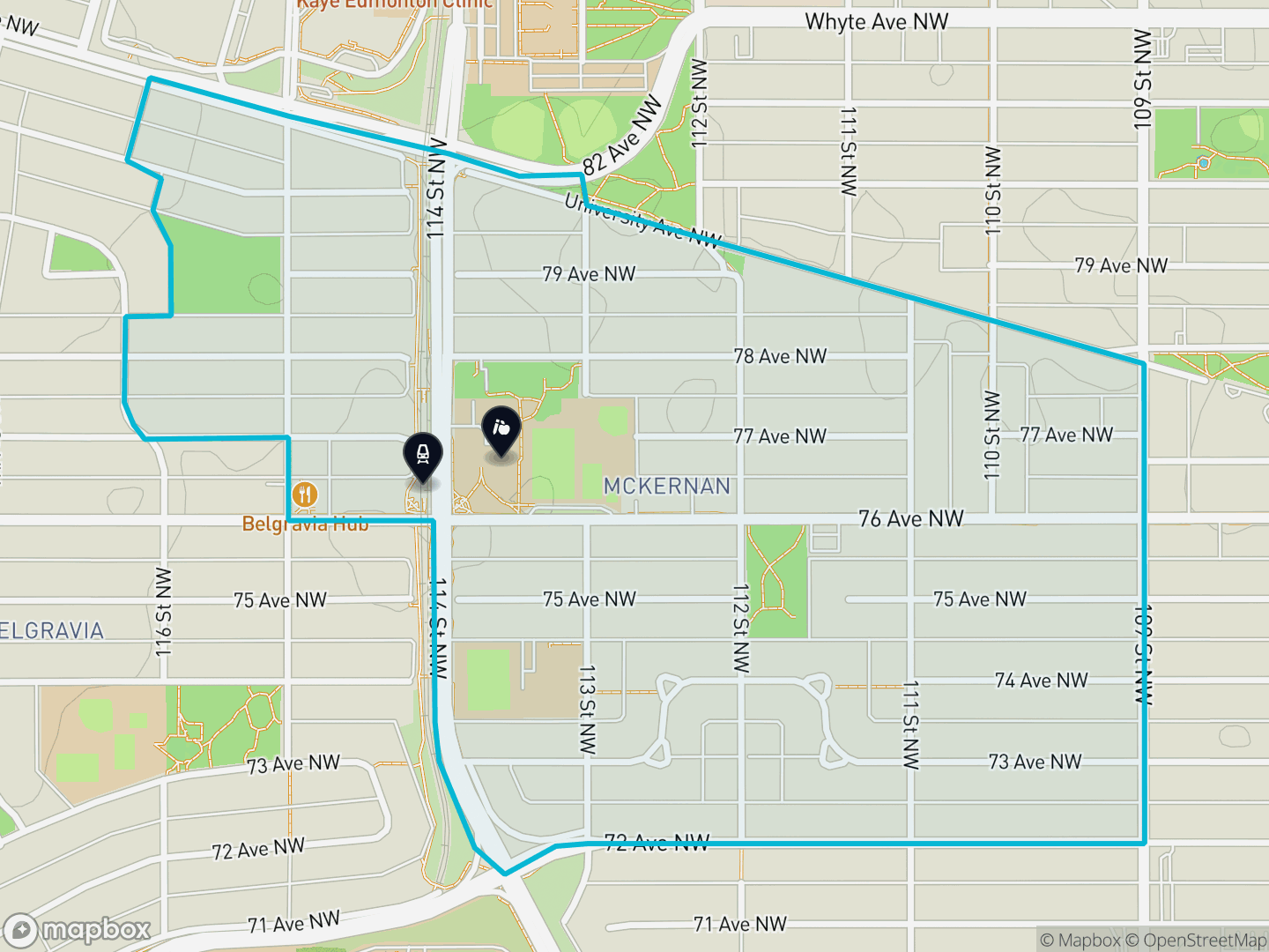 Map of McKernan, Edmonton — neighbourhood boundary with 1 LRT station, 1 school, parks and surrounding streets.