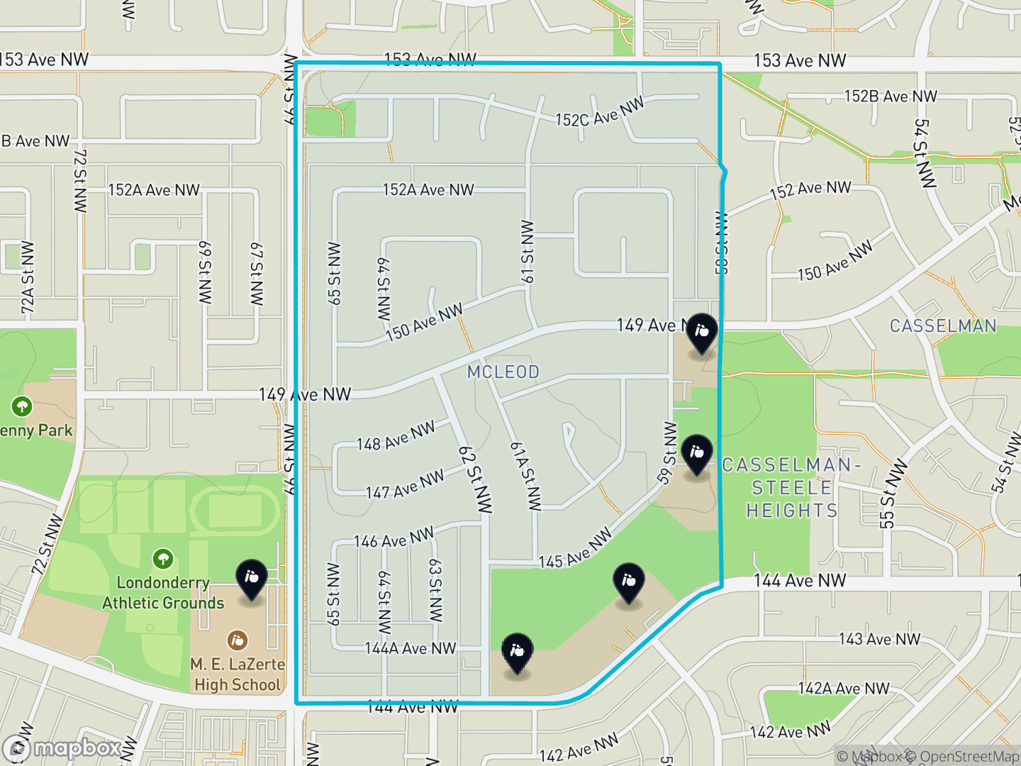 Map of McLeod, Edmonton — neighbourhood boundary, 5 schools, parks and surrounding streets.