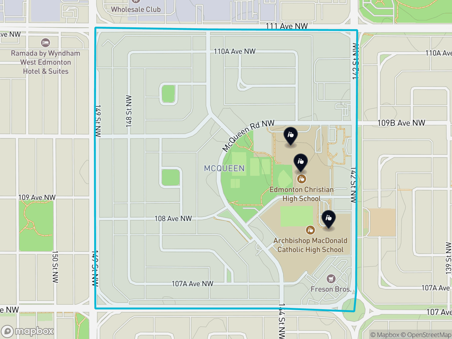 Map of McQueen, Edmonton — neighbourhood boundary, 3 schools, parks and surrounding streets.