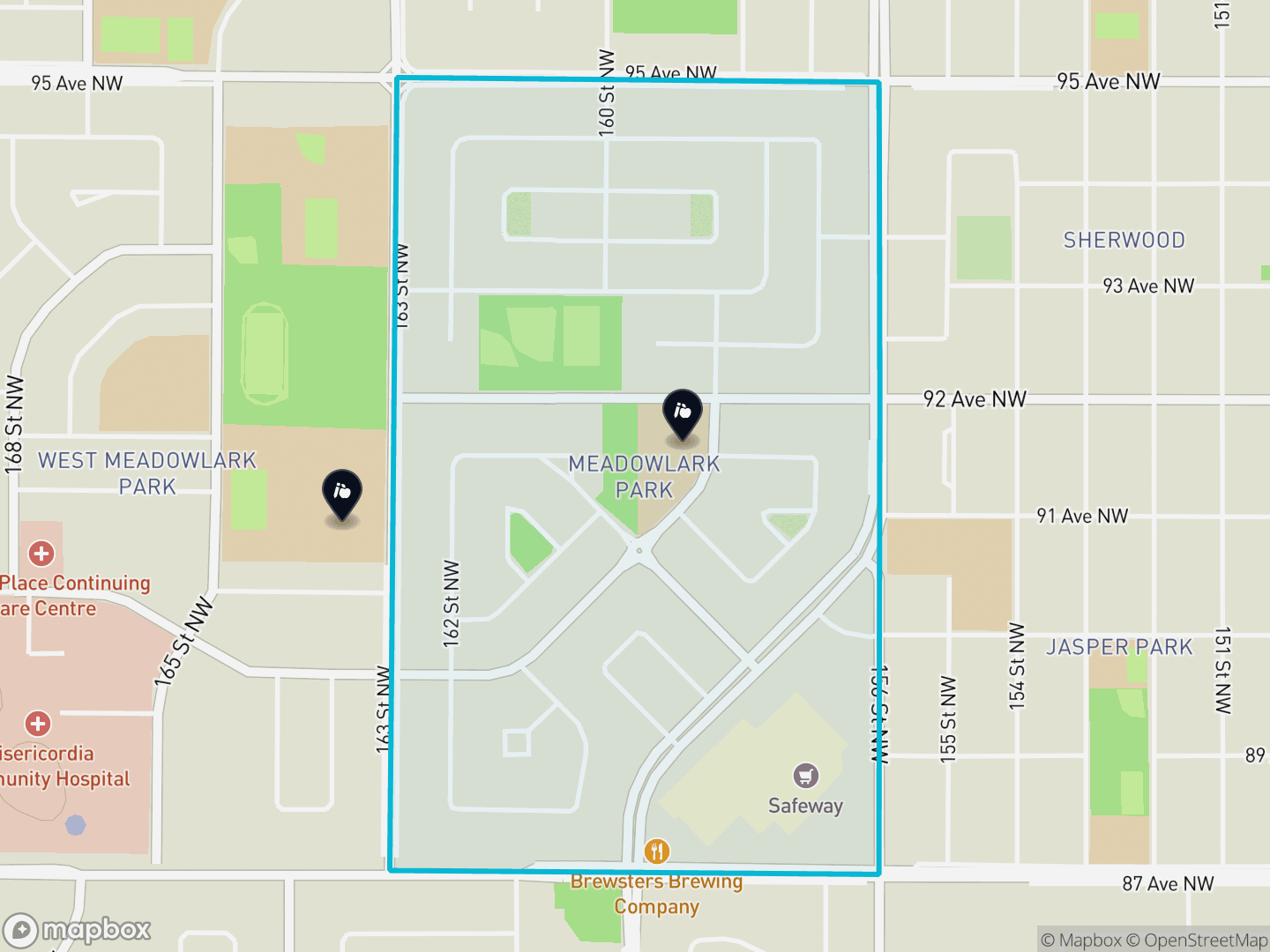Map of Meadowlark Park, Edmonton — neighbourhood boundary, 2 schools, parks and surrounding streets.