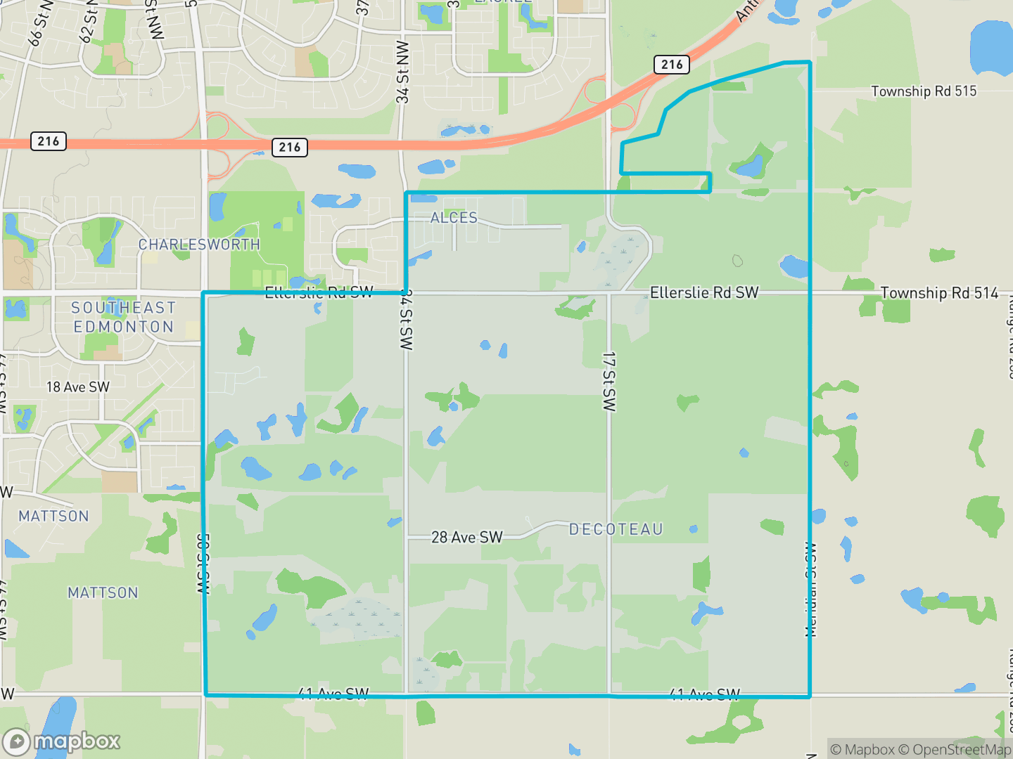Map of Meltwater, Edmonton — neighbourhood boundary, parks and surrounding streets.