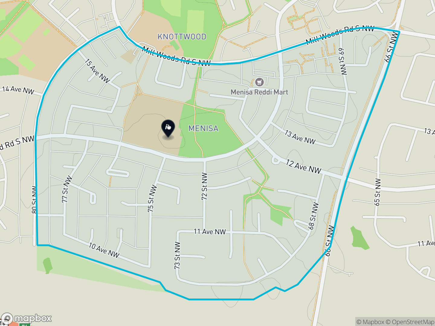 Map of Menisa, Edmonton — neighbourhood boundary, 1 school, parks and surrounding streets.