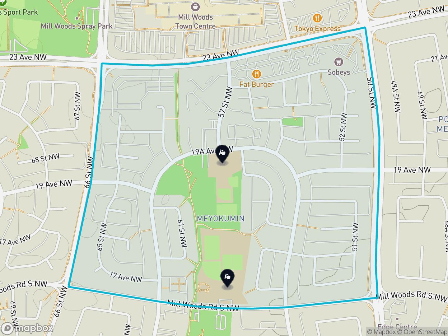 Map of Meyokumin, Edmonton — neighbourhood boundary, 2 schools, parks and surrounding streets.