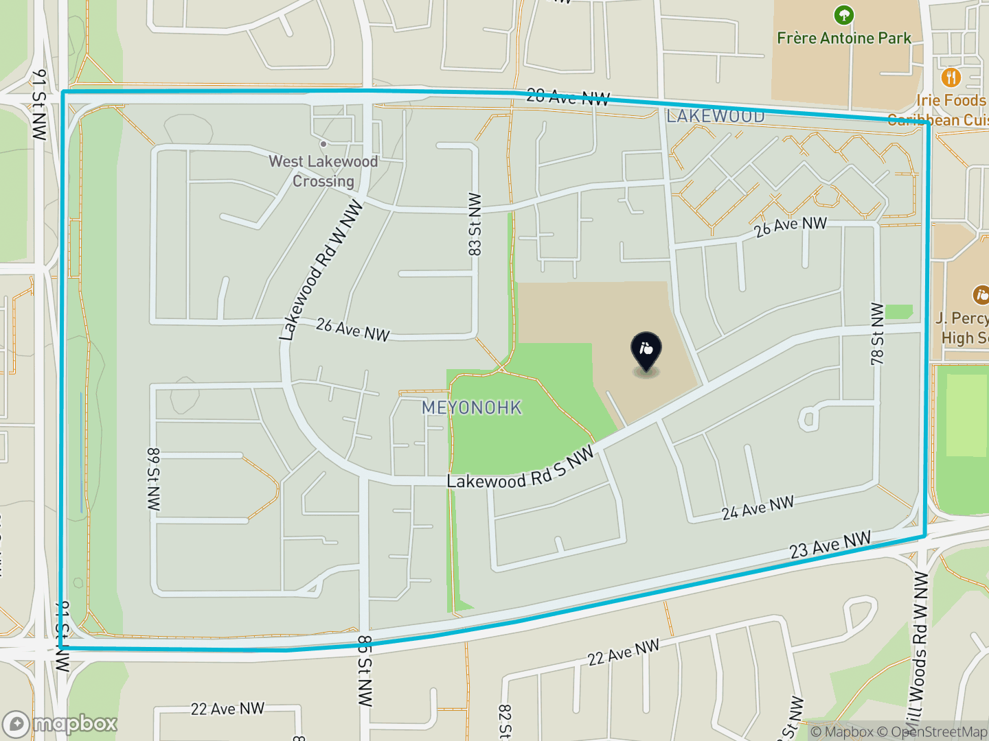 Map of Meyonohk, Edmonton — neighbourhood boundary, 1 school, parks and surrounding streets.