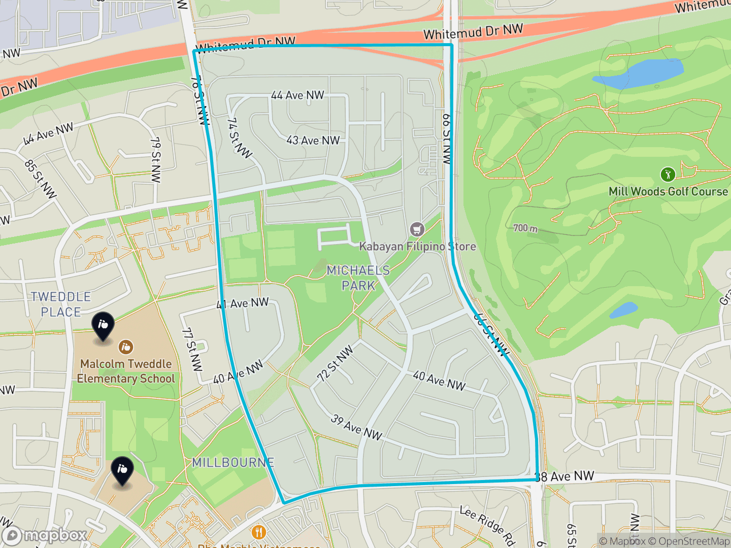 Map of Michaels Park, Edmonton — neighbourhood boundary, 2 schools, parks and surrounding streets.