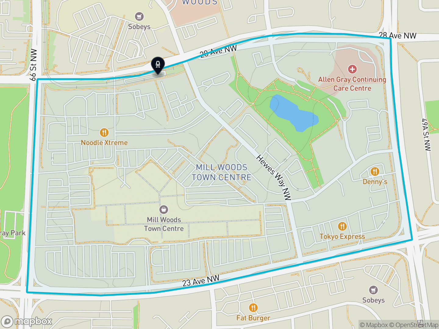Map of Mill Woods Town Centre, Edmonton — neighbourhood boundary with 1 LRT station, parks and surrounding streets.