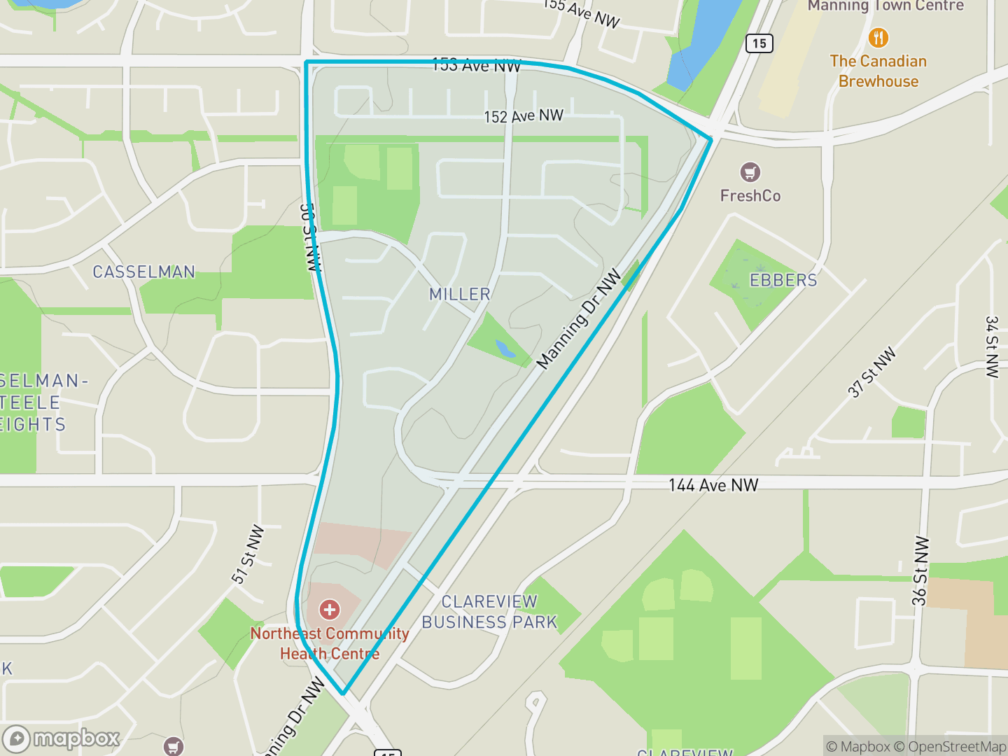 Map of Miller, Edmonton — neighbourhood boundary, parks and surrounding streets.