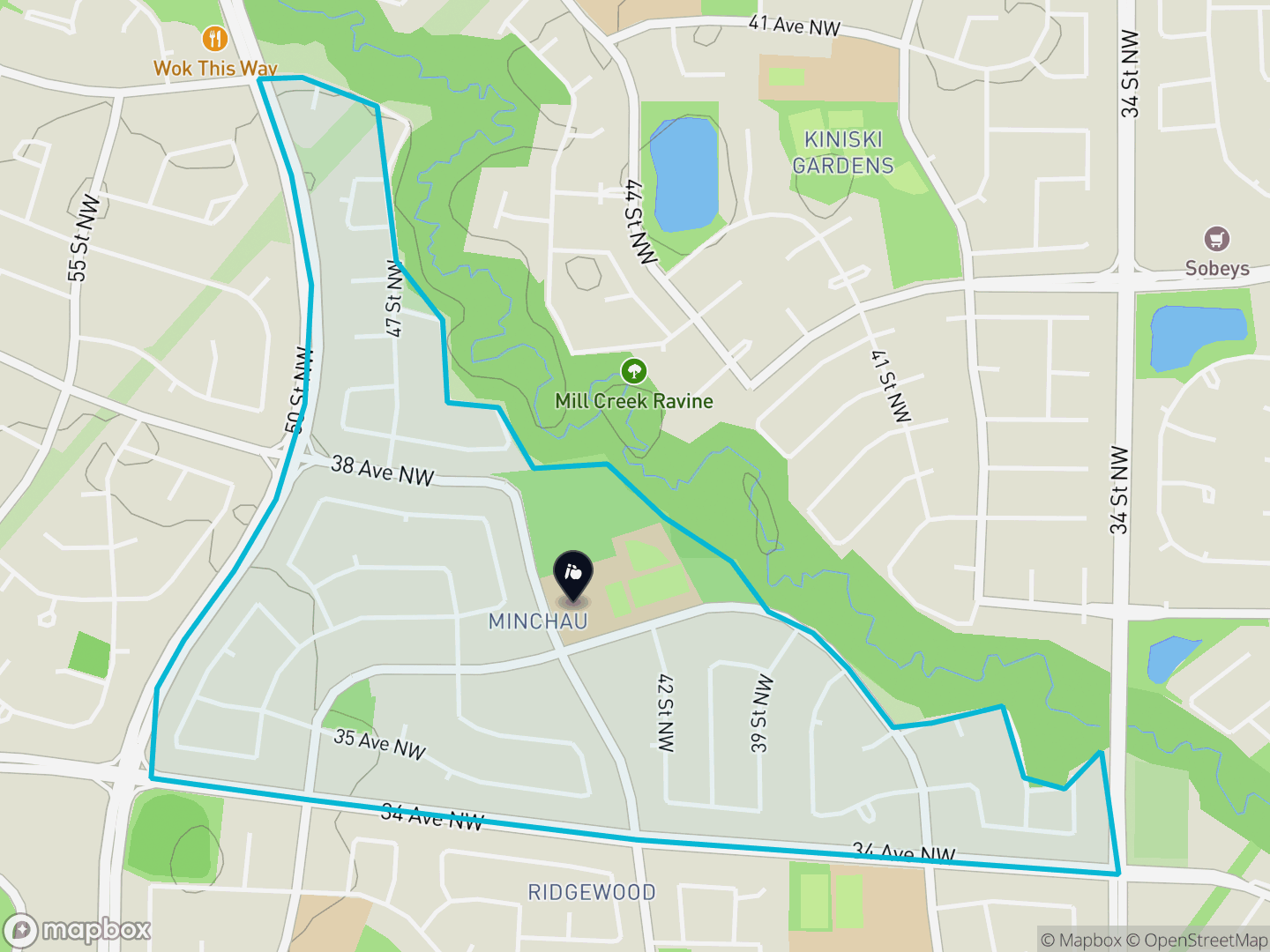 Map of Minchau, Edmonton — neighbourhood boundary, 1 school, parks and surrounding streets.