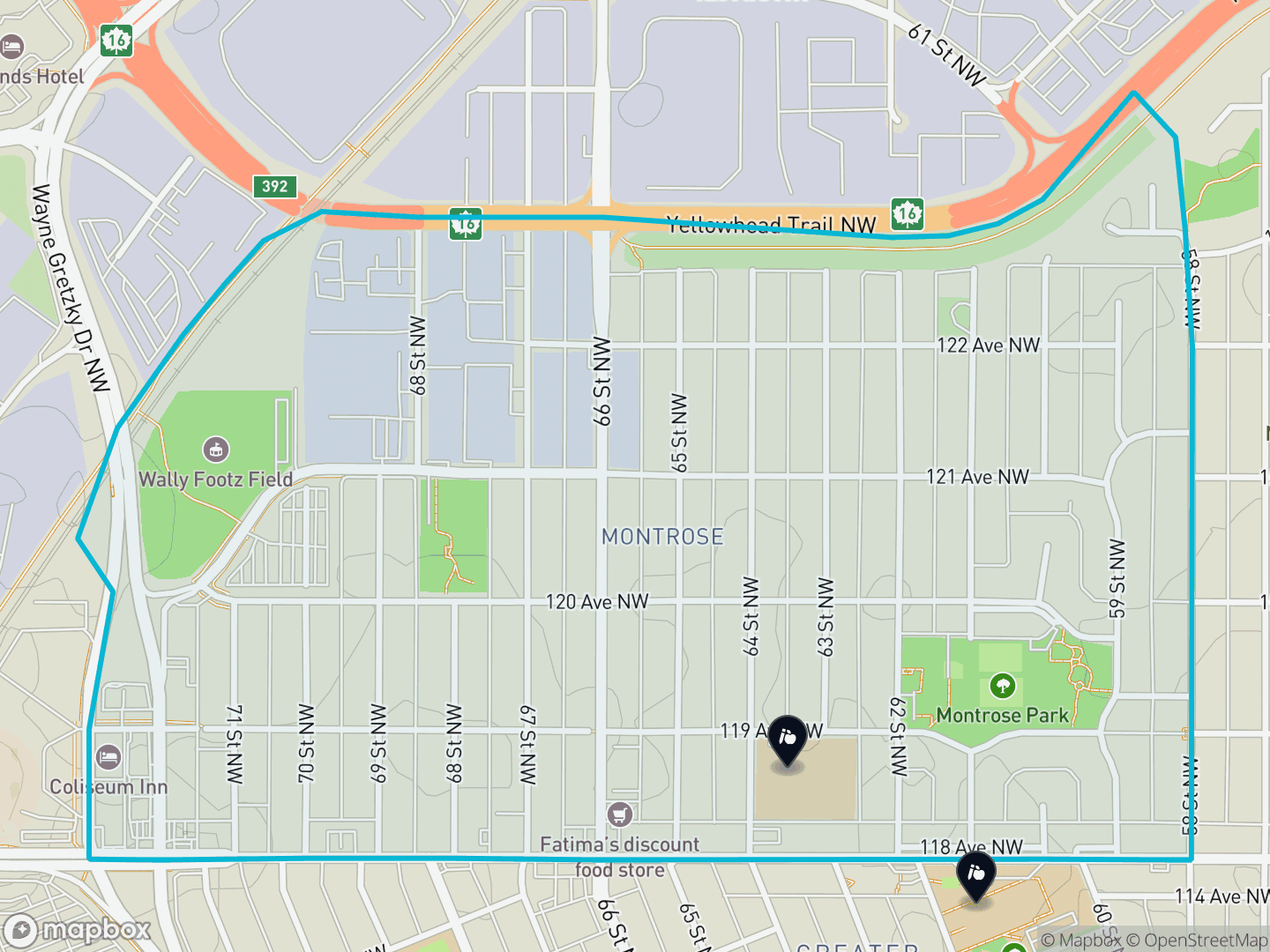 Map of Montrose, Edmonton — neighbourhood boundary, 2 schools, parks and surrounding streets.