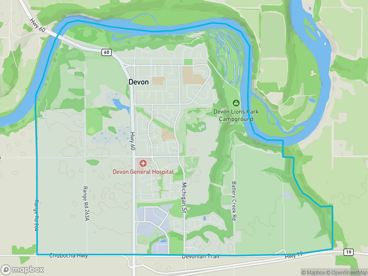 Map showing the location and boundary of Devon, Alberta, within the Edmonton metropolitan region.