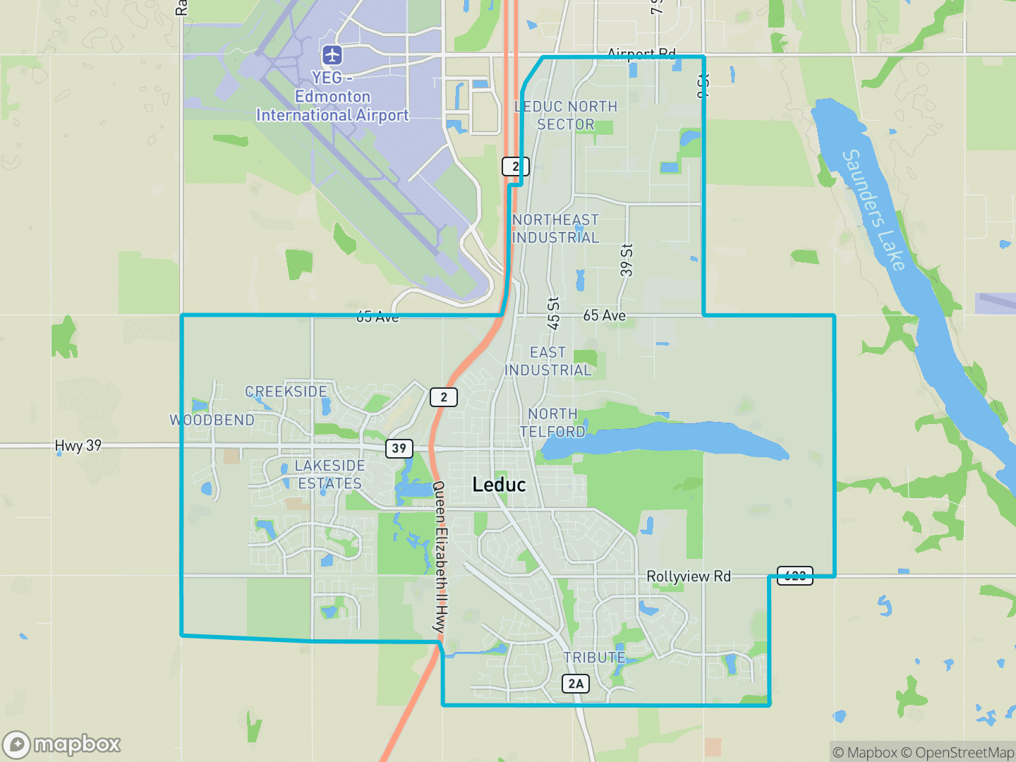 Map showing the location and boundary of Leduc, Alberta, within the Edmonton metropolitan region.