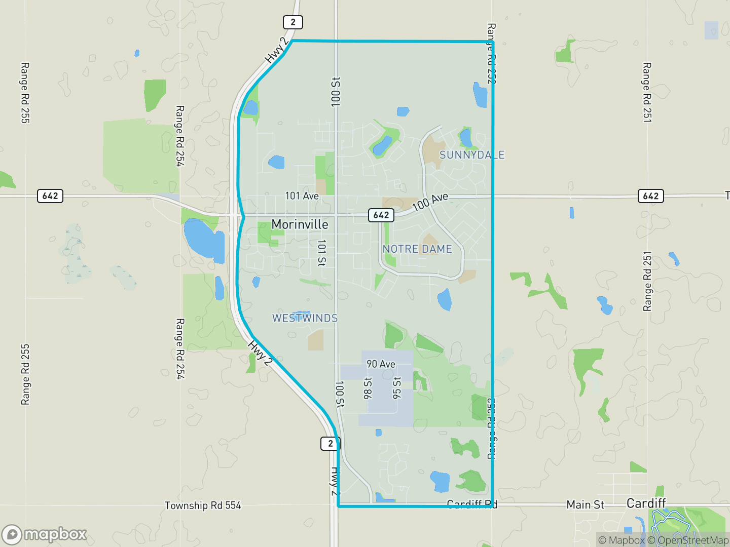 Map showing the location and boundary of Morinville, Alberta, within the Edmonton metropolitan region.