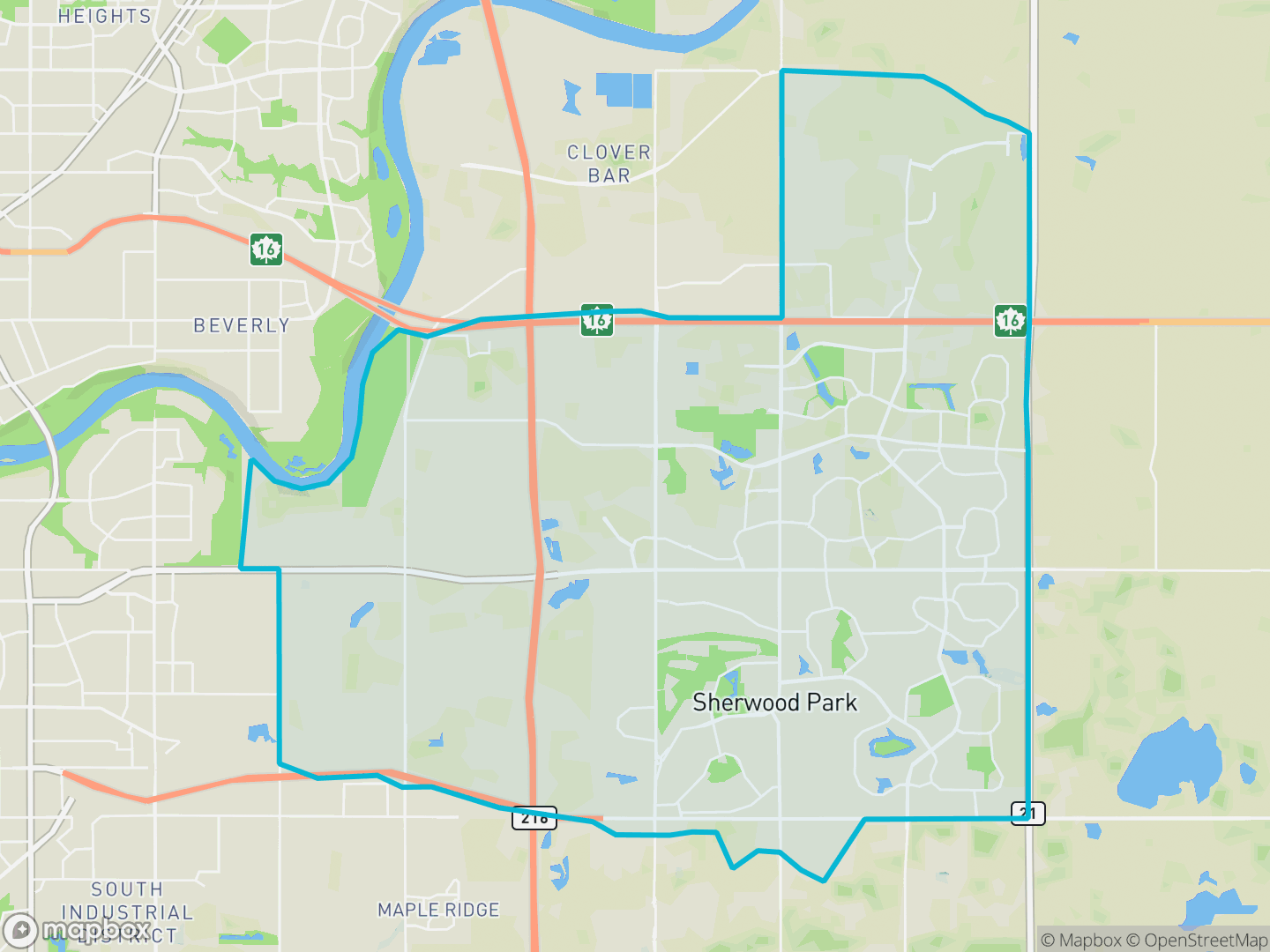 Map showing the location and boundary of Sherwood Park, Alberta, within the Edmonton metropolitan region.