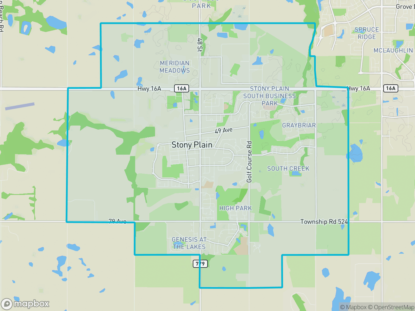 Map showing the location and boundary of Stony Plain, Alberta, within the Edmonton metropolitan region.
