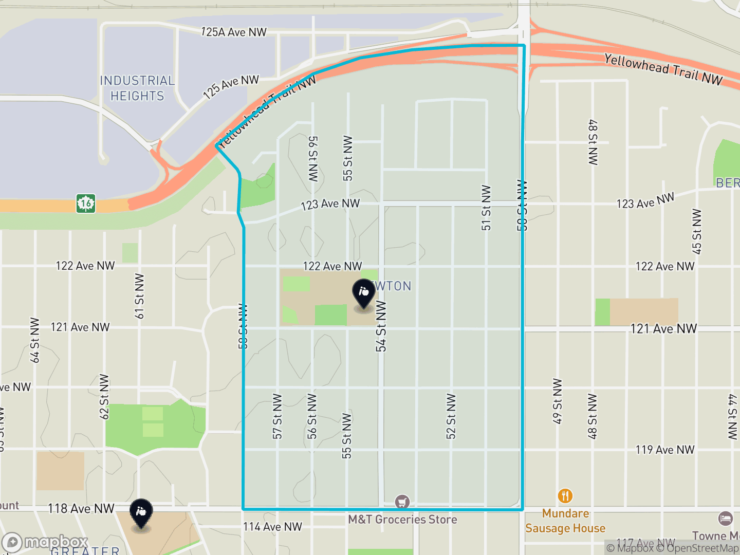 Map of Newton, Edmonton — neighbourhood boundary, 2 schools, parks and surrounding streets.