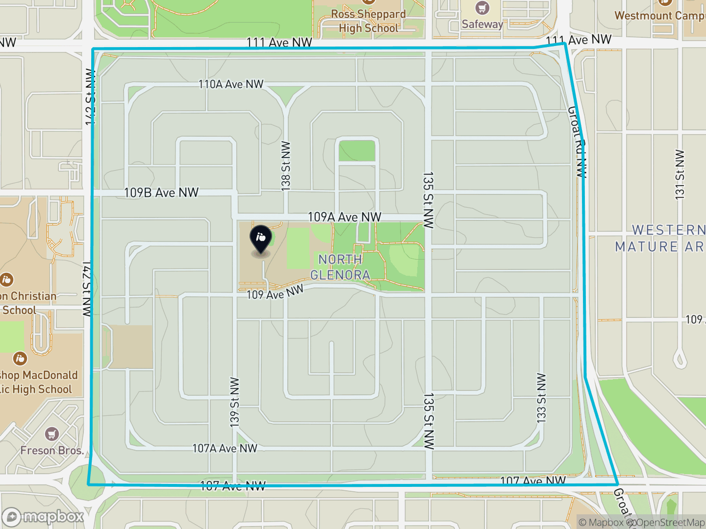 Map of North Glenora, Edmonton — neighbourhood boundary, 1 school, parks and surrounding streets.