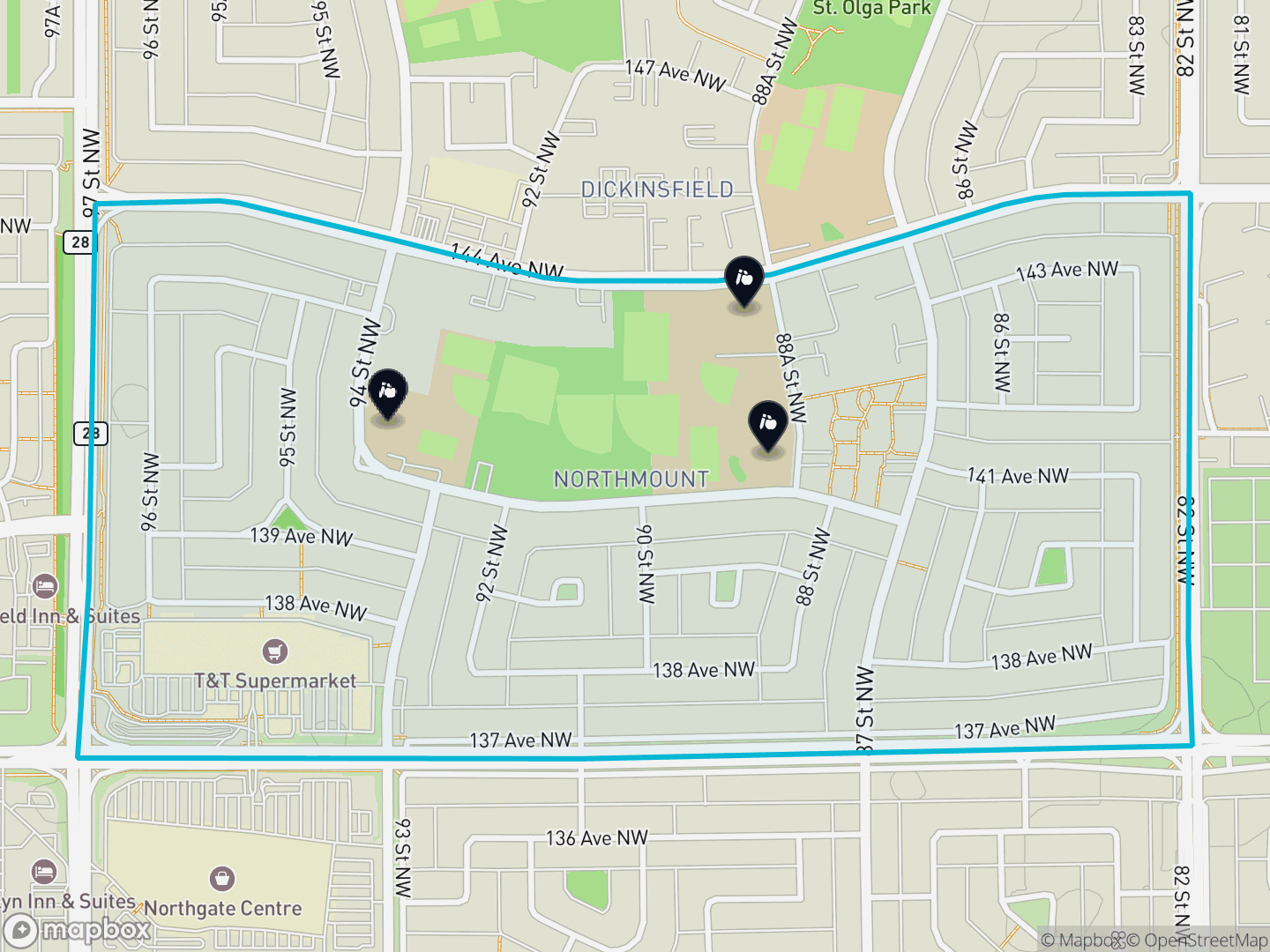 Map of Northmount, Edmonton — neighbourhood boundary, 3 schools, parks and surrounding streets.
