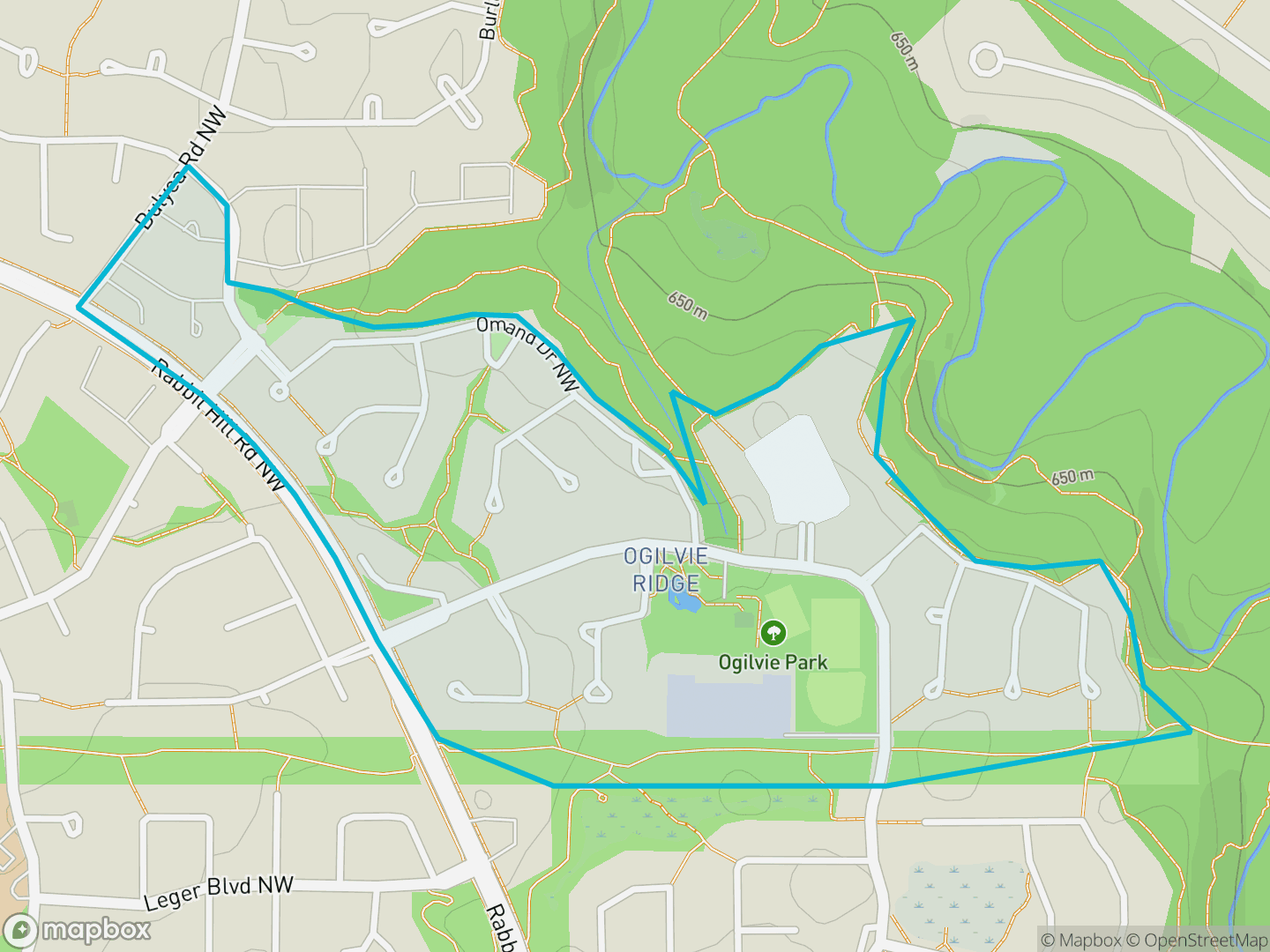 Map of Ogilvie Ridge, Edmonton — neighbourhood boundary, parks and surrounding streets.