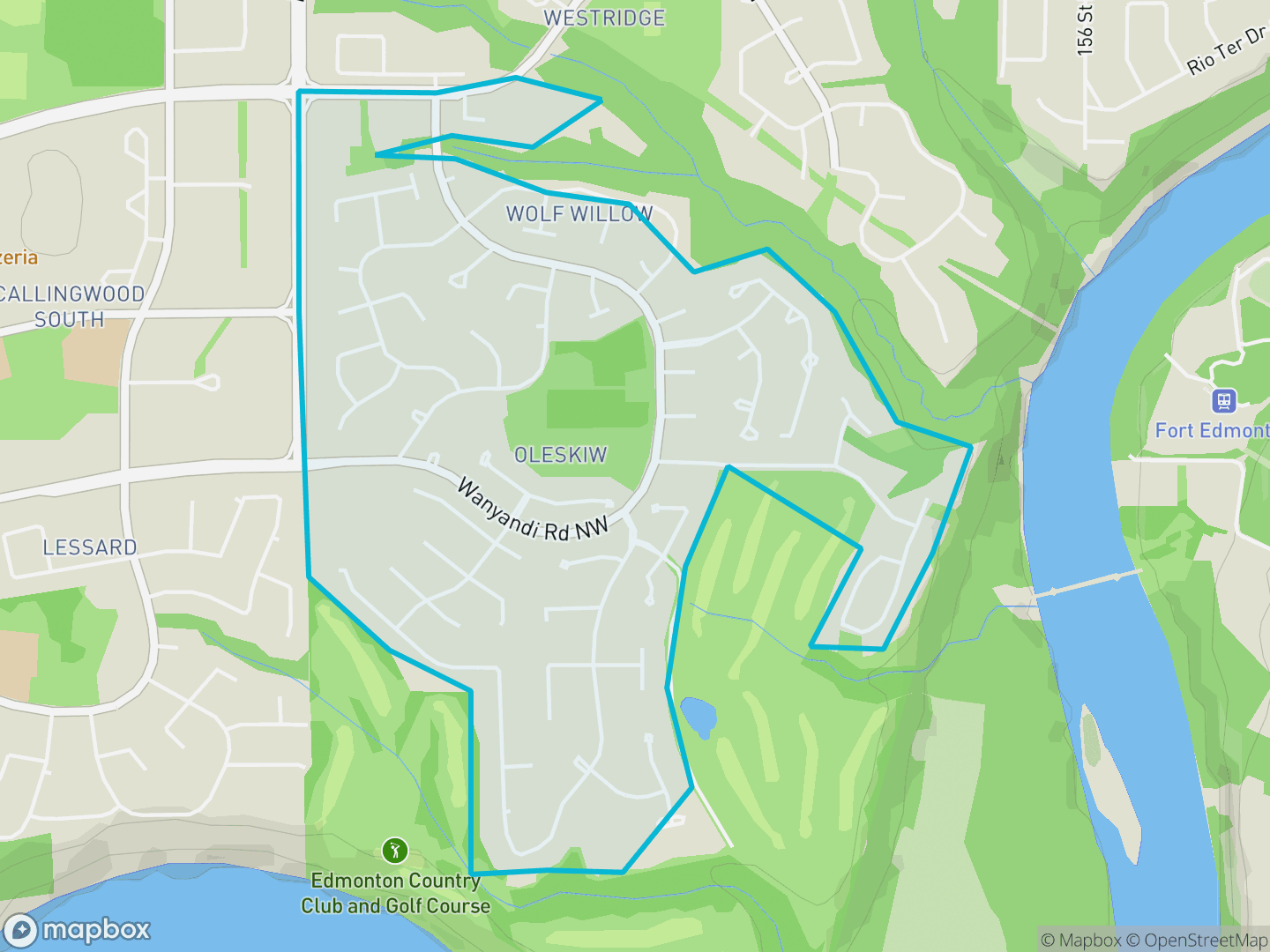 Map of Oleskiw, Edmonton — neighbourhood boundary, parks and surrounding streets.
